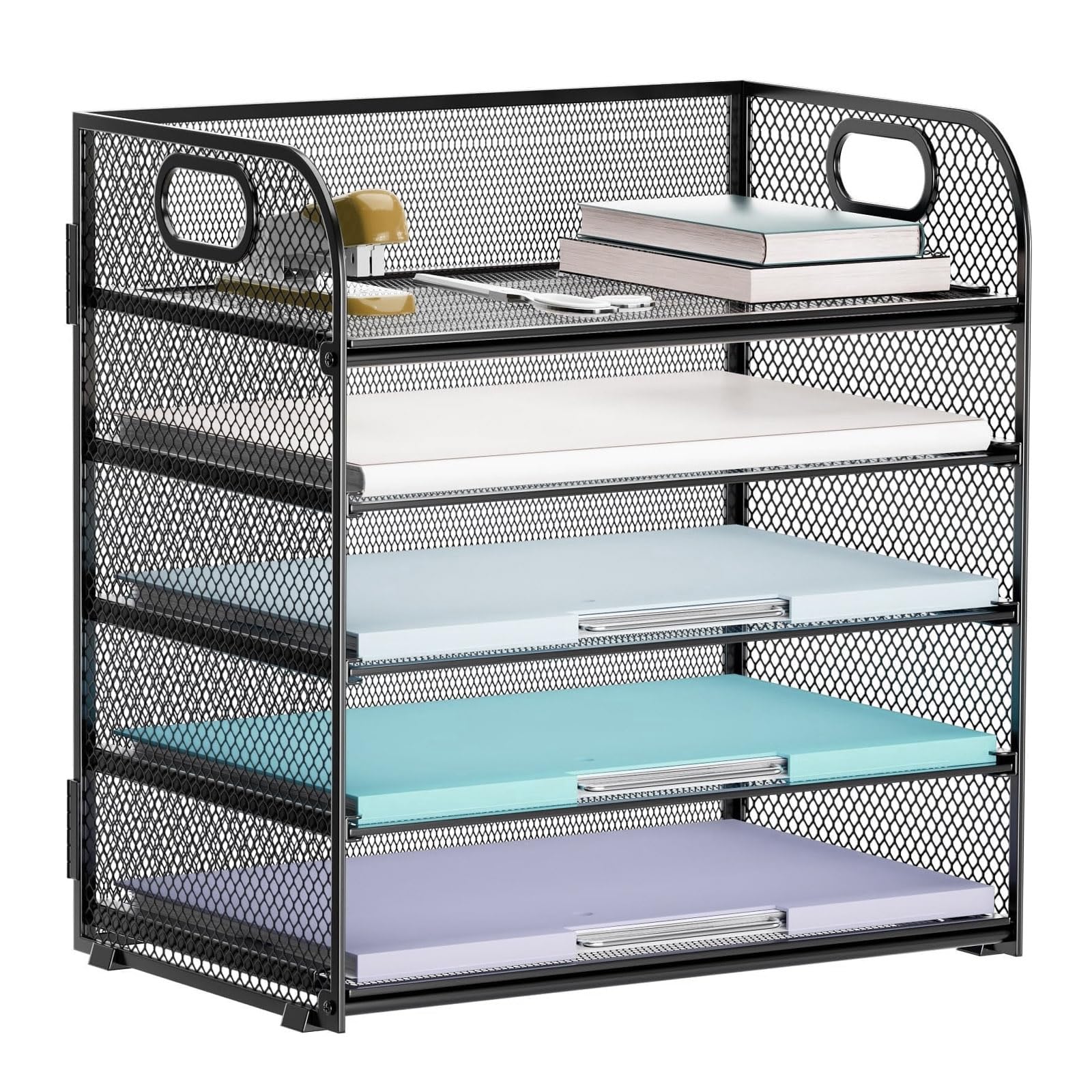 Mesh Letter Tray Organiser - 5 Tier Paper Organizer, Mesh Desk Organiser with Handle, Black File Document Holder A4 Filing Trays, Desk File Rack Paper Letter Tray Organizer for Home Office School