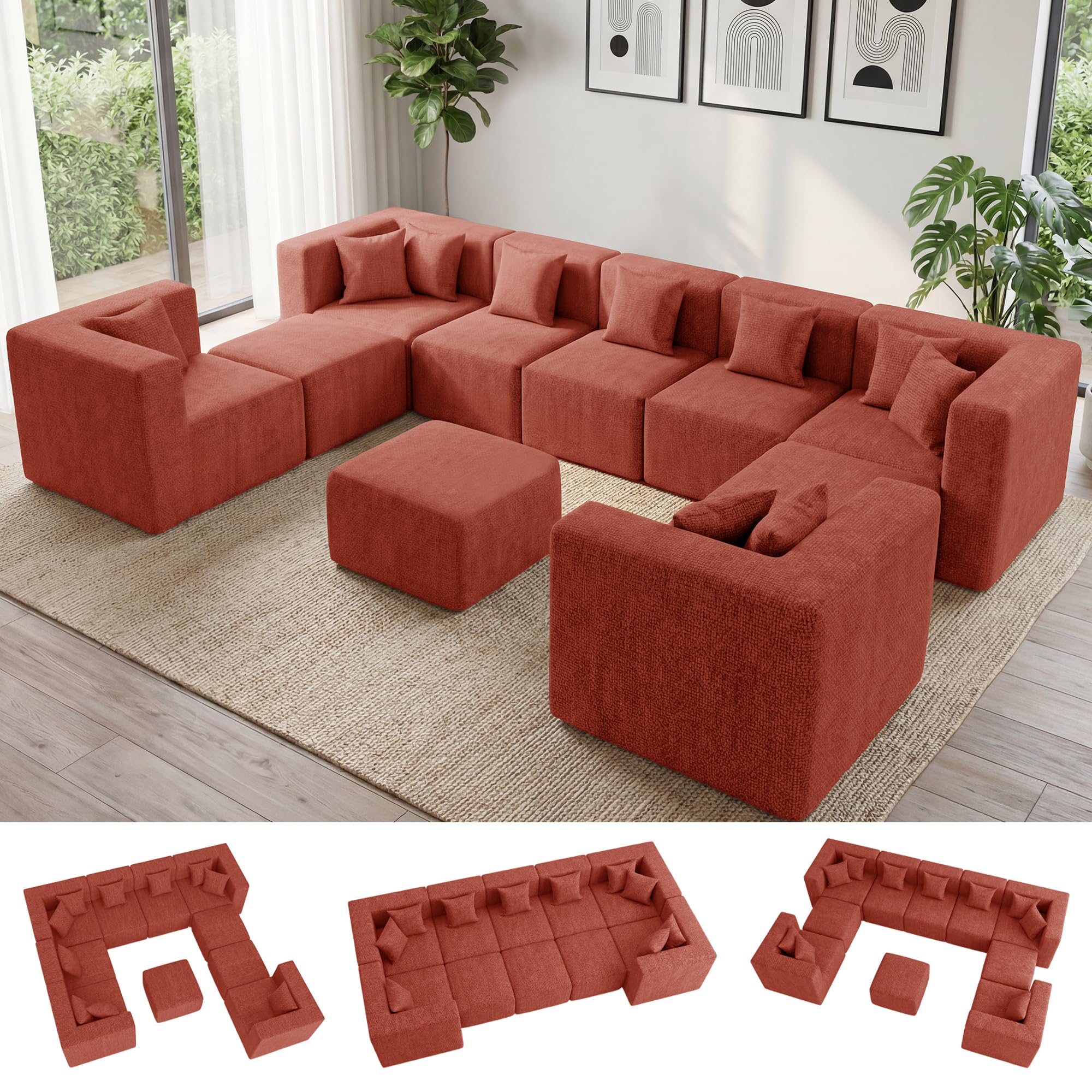 MONVANE Oversized Boneless Sectional Couch 10-Seat, Chenille, Red | Sectional Couch for Living Room, Modular Cloud Sofa with Ottoman & 10 Throw Pillows, No Assembly Required