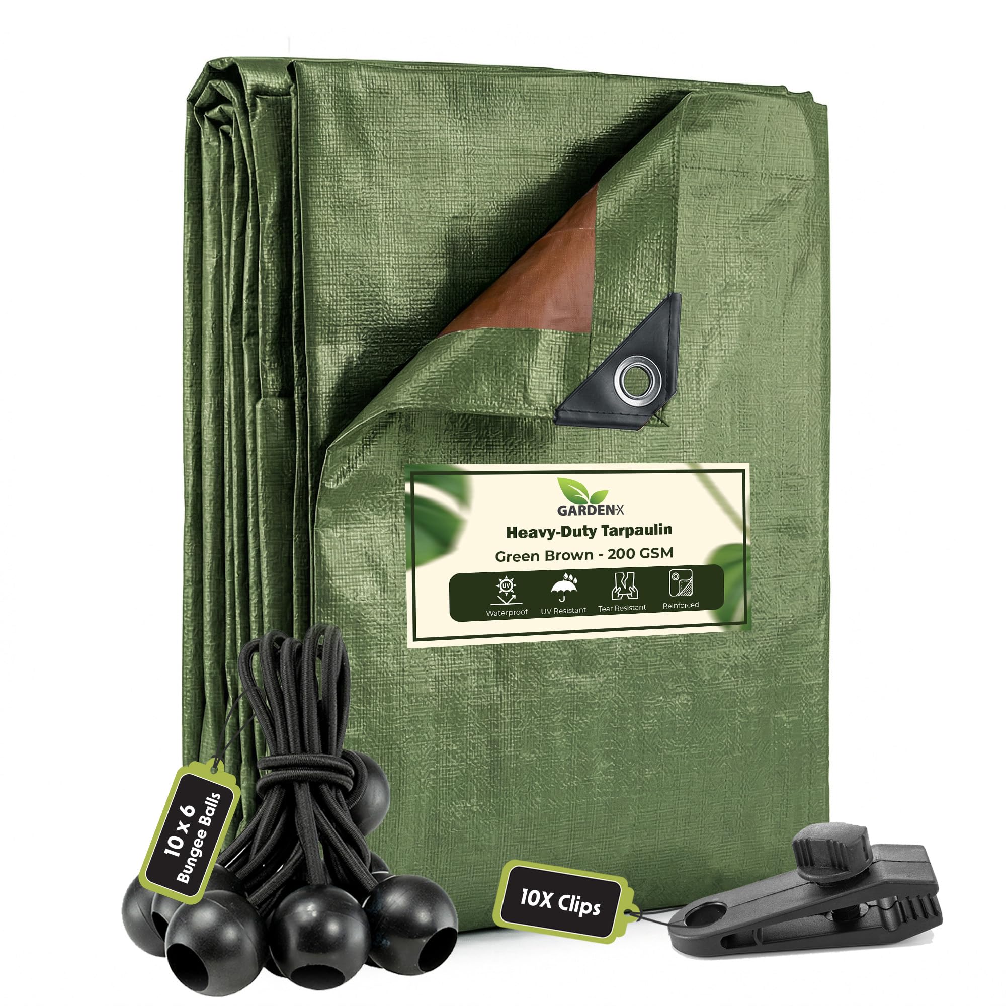 GARDENIX 3m x 3m Green Brown Heavy Duty 200gsm -eyelets every 50 cmTarpaulin Waterproof Tarp Sheet Cover, Groundsheet, Reinforced +10x 6" Bungee Balls (Black) +10x Screw Type Tarp Clips