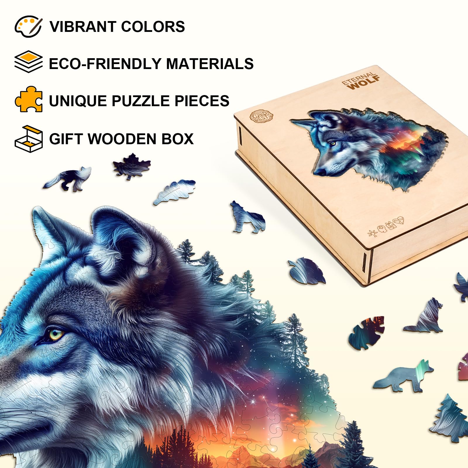 Puzzle en bois pour adultes - Loup aurore - L-190 pièces | Puzzle en bois de forme unique pour adultes, casse-tête en bois, puzzle en bois défi, 34 x 32,8 cm