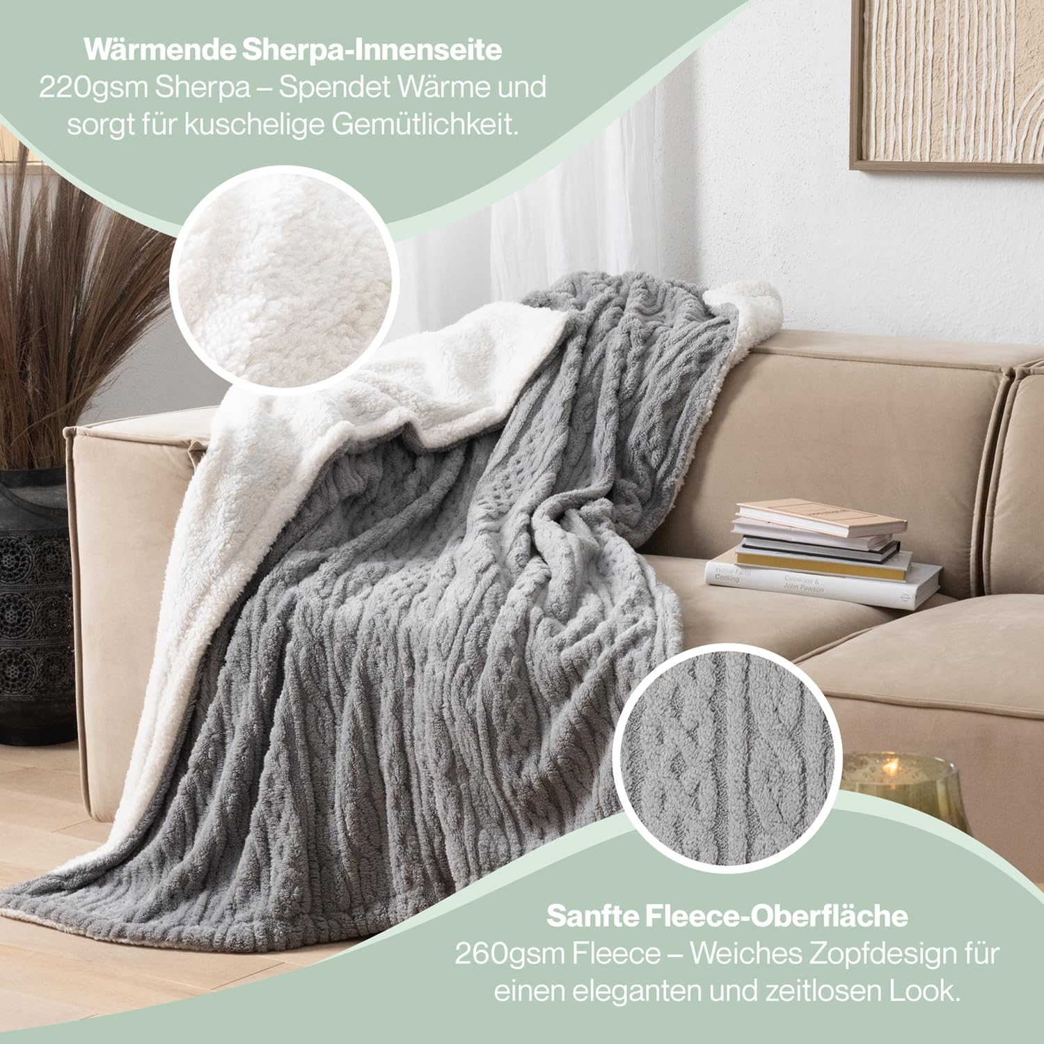 Blumtal Koc 150x200 cm z dzianinowym wzorem - Certyfikowany przez OEKO-TEX koc z mikrofibry z miękkim wnętrzem Sherpa - koc salonowy 150x200 - koc do prania Szary/Biały