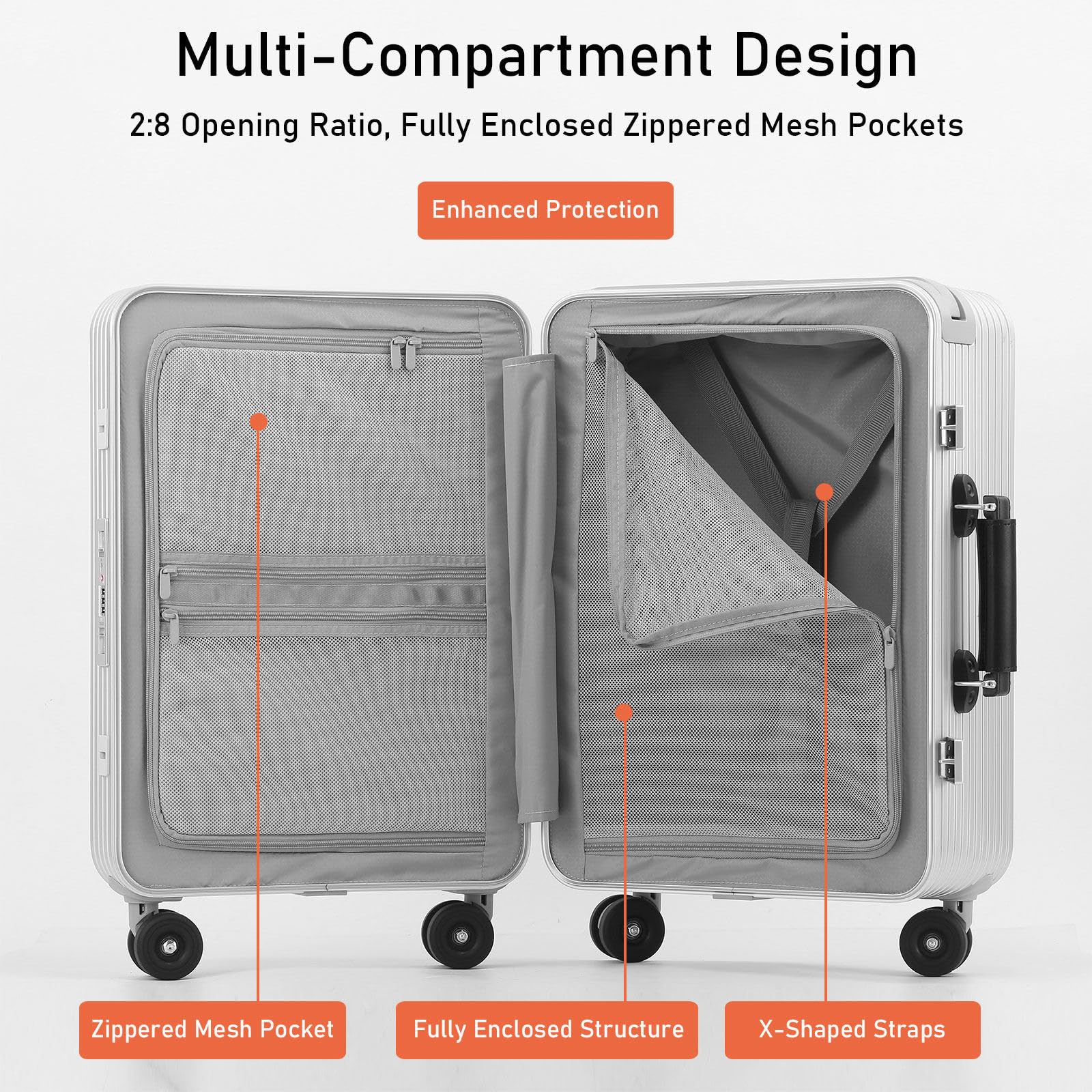 LEOVEN Valigia Trolley Rigido, 2:8 Apertura, LS-0762 Premium Bagaglio a Mano in Alluminio, Fodera Rinforzata, Manico Telescopico più Ampio, Serratura TSA, Universale Silenziosa, Design Ammortizzante