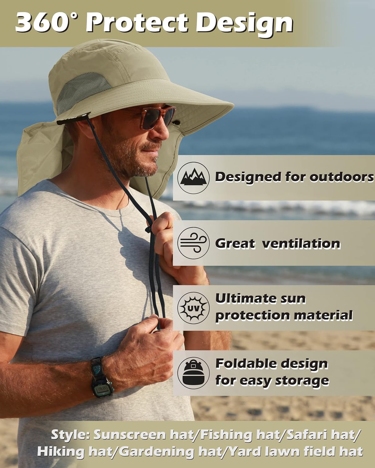 Tirrinia Neck Flap Sun Hat, Wide Brim Hiking Safari Fishing Hat for Men&Women, Breathable Outdoor Sun Protection Hat for Summer Adventures Olive - Image 2
