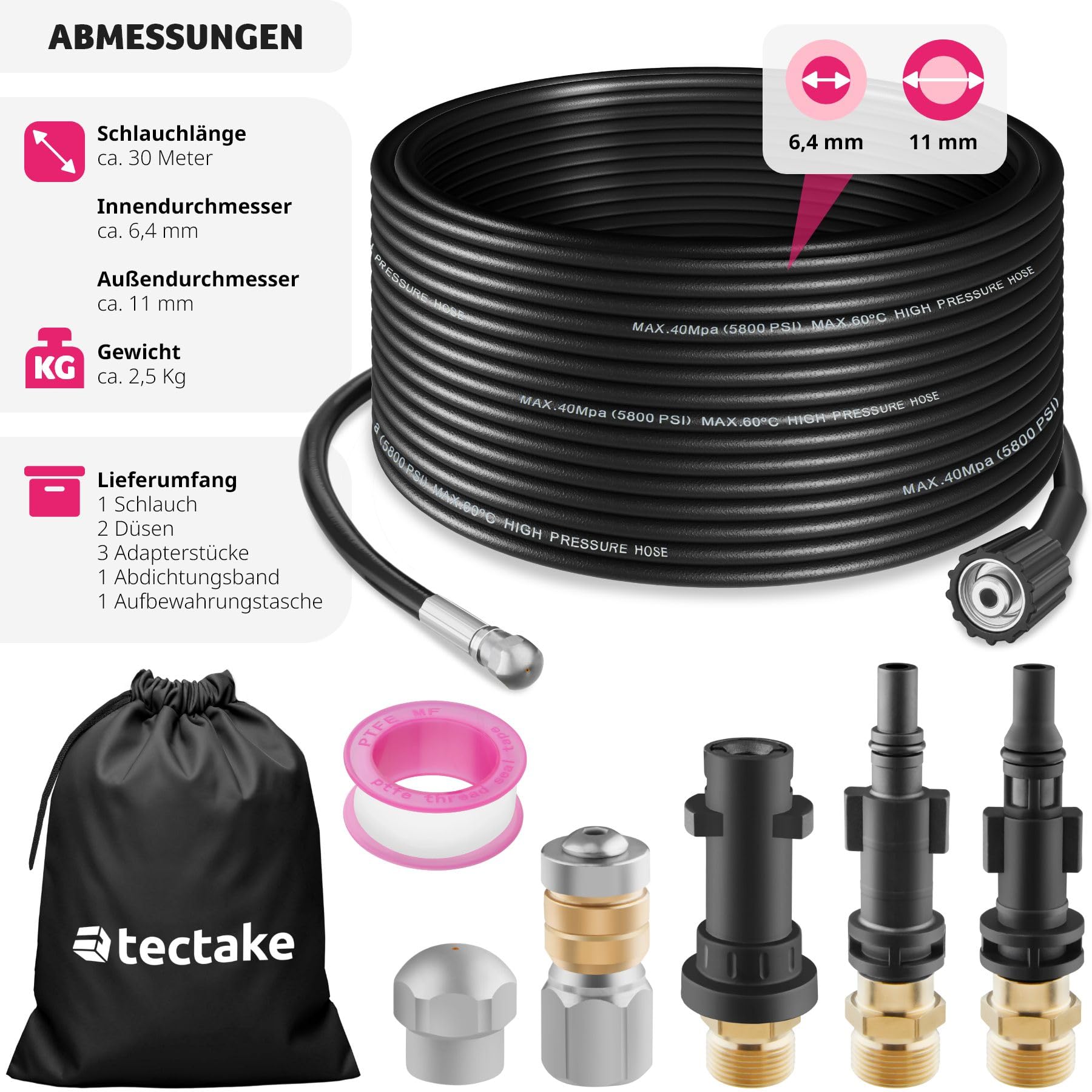 tectake® Rohrreinigungsschlauch 2x Rohrreinigungsdüse, Rohrreiniger Abflussreiniger für Hochdruckreiniger, Rohrreinigung für Abfluss, Abflussrohr, Kanalreiniger, Toilettenreiniger (30m)