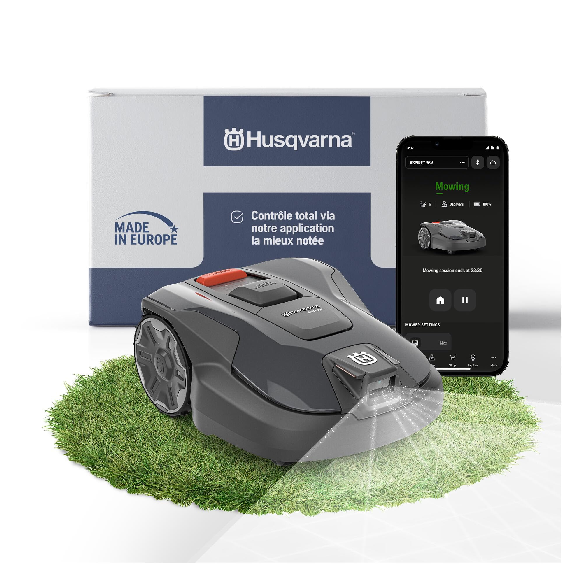 HUSQVARNA Automower® Aspire R6V – Robot Tondeuse sans Fil périphérique, détection IA Vision, Navigation GPS, Application WiFi, Tonte systématique, Zones virtuelles, jusqu'à 600 m²