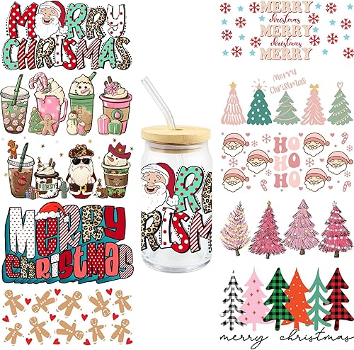 10 hojas de calcomanías de transferencia de Navidad UV DTF 3D tazas envolturas calcomanías para taza de vidrio Libbey de 16 onzas impermeable frotar