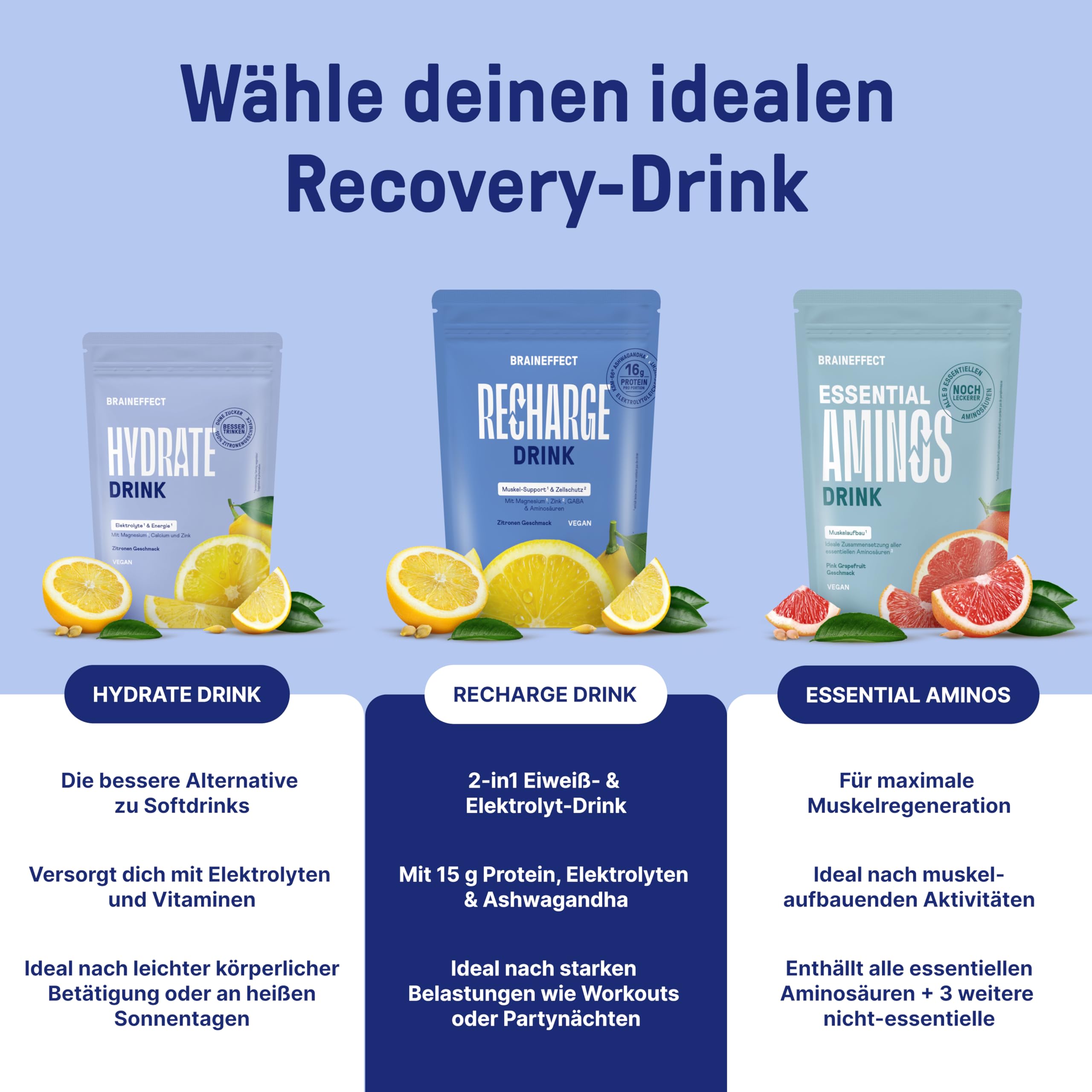 BRAINEFFECT RECHARGE - Premium Hydratationsmischung [360g] - Elektrolyte Ohne Zucker (Mit Stevia) + EAA & BCAA Pulver - Isotonisches Getränkepulver mit Aminosäuren - Zitronen Geschmack