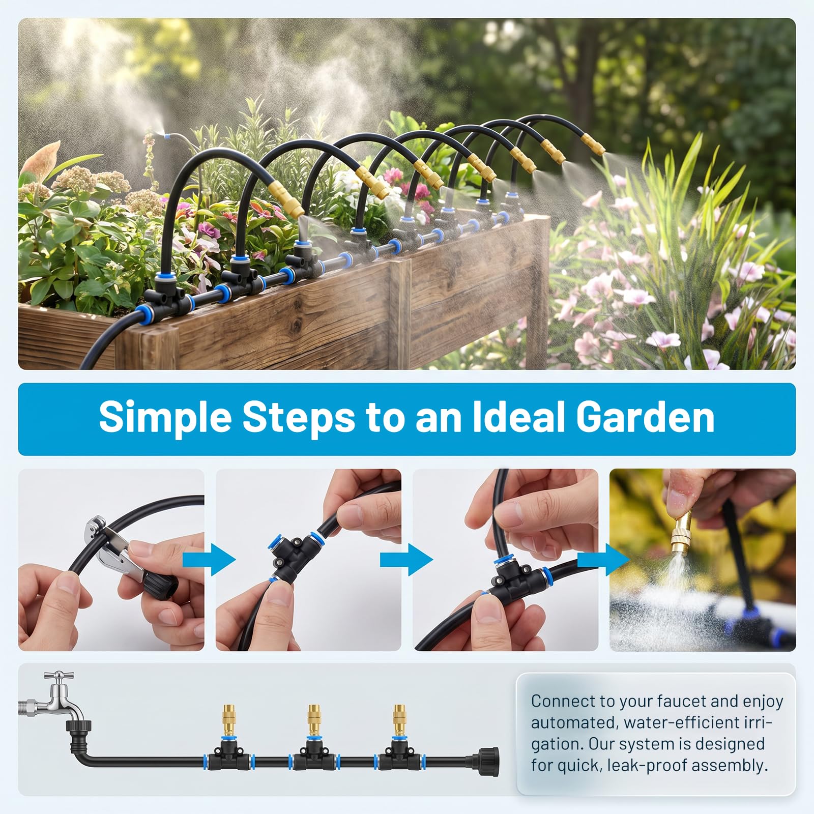 Kit de Riego por Goteo Automático 360° para Jardín, 15m Manguera con 12 Boquillas Nebulizadoras Ajustables en Latón, Instalación Rápida para Macetas, Huerto, Terraza, Césped
