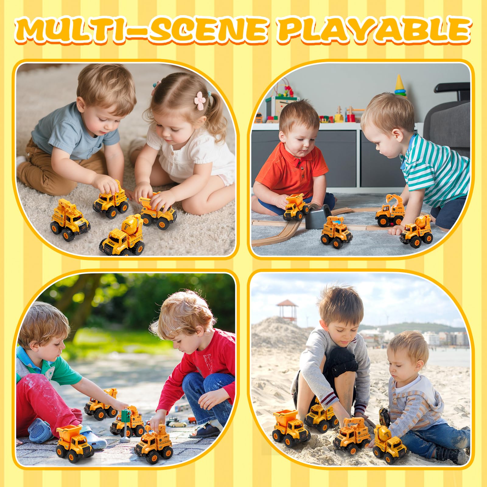 Camion da Cantiere Giocattolo per Bambini 2+ Anni – Set Veicoli Push and Go con Escavatore, Gru, Camion Ribaltabile e Betoniera – Giocattoli Educativi per Bambini e Bambine 2 3 4 5 Anni