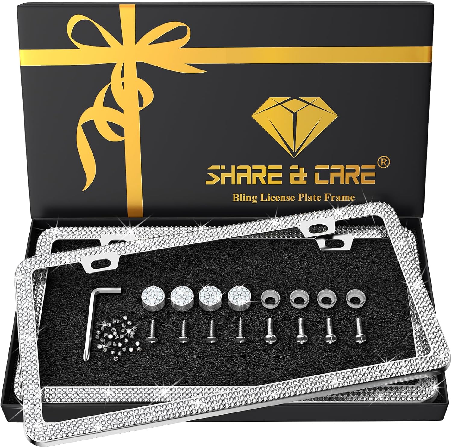 SHARE&CARE Bling License Plate Frame with Gift Box, Crystal License Plate Cover, Car License Plate Holder with Rhinestone Crystal Diamond Screw Set - 2 Pack (White-gi)