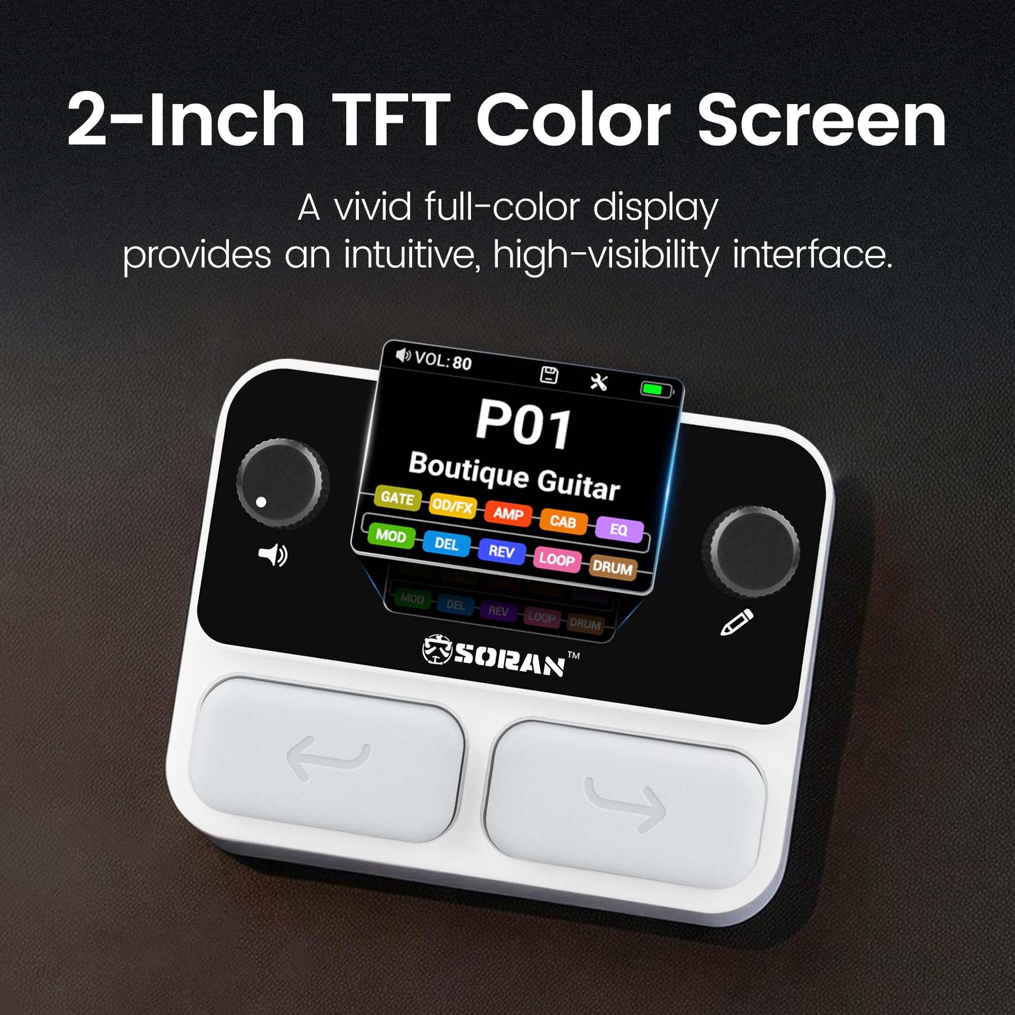 SORAN Tiny Stomp - Pedale per chitarra multi effetto, 125 effetti, 99 preset, 10 moduli, 40s Looper, 100 ritmi di batteria, 20 slot IR/NAM, interfaccia audio USB, pedale tascabile ricaricabile per