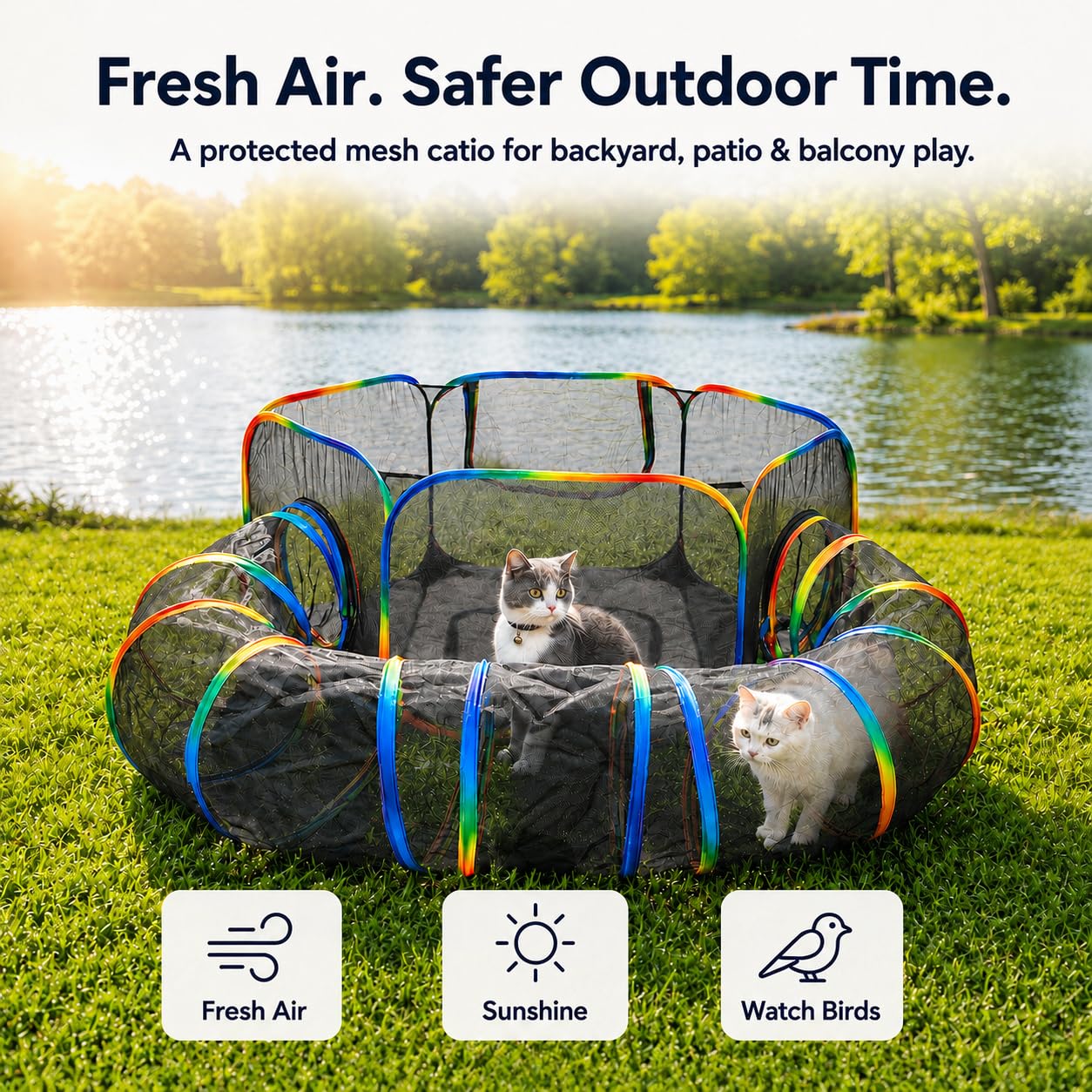 Recintos para gatos arcoíris al aire libre, casa exterior para gatos de interior, incluye tienda de campaña portátil, túnel circular para gatos, gatitos y animales pequeños, dentro de bolsa