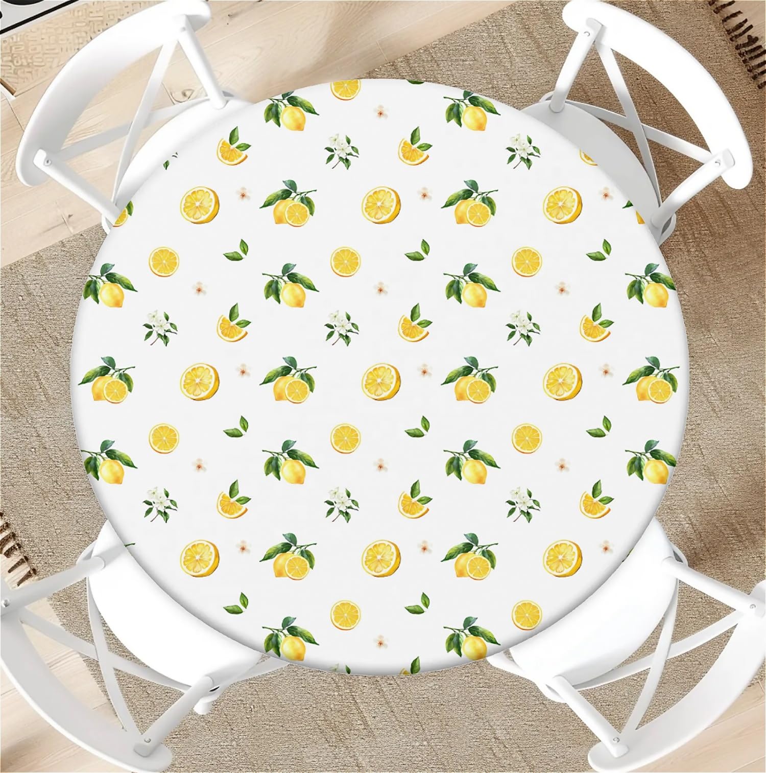 Round Tablecloth with Elastic Edge 44 Inch Waterproof Outdoor Fitted Table Cover for Dining, Kitchen, Party –Lemons Decorative Patterned Table Protector