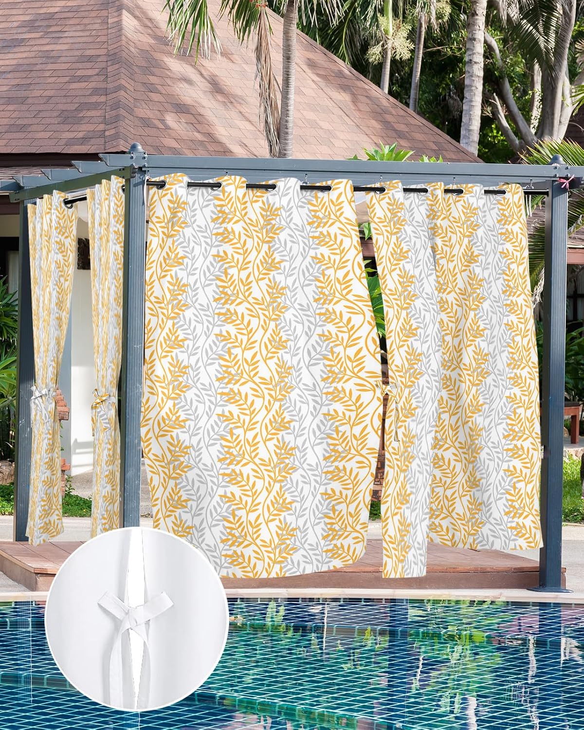 ALAGEO Outdoor Curtains Waterproof Tree Branch Waterproof Curtain for Patio Orange Grey Filtering Grommet Outside Curtains Panels for Patio Gazebo Balcony,Set of 2 54 x 84 Inch