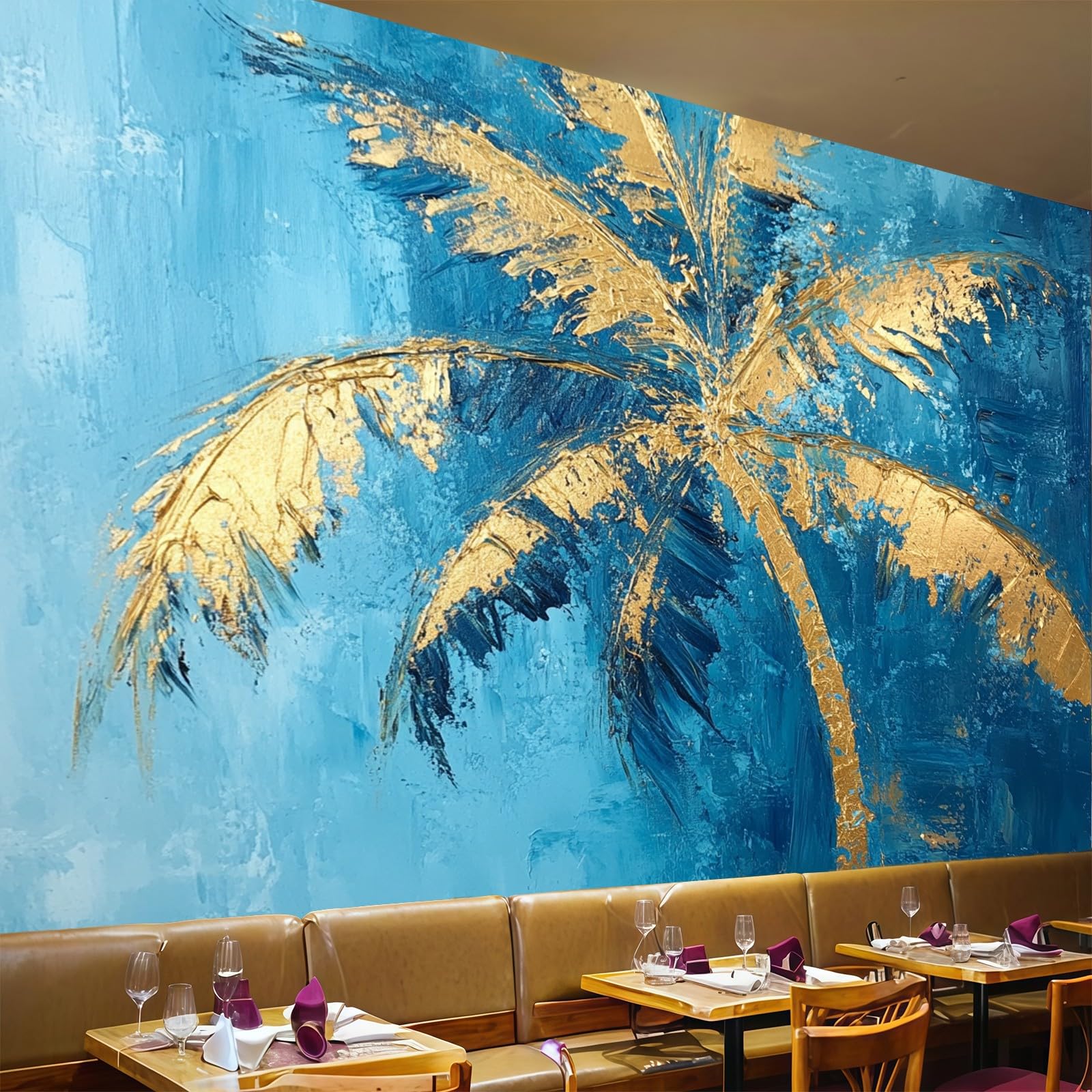 Mural grande palmera dorada acuarela para cubrir paredes salón