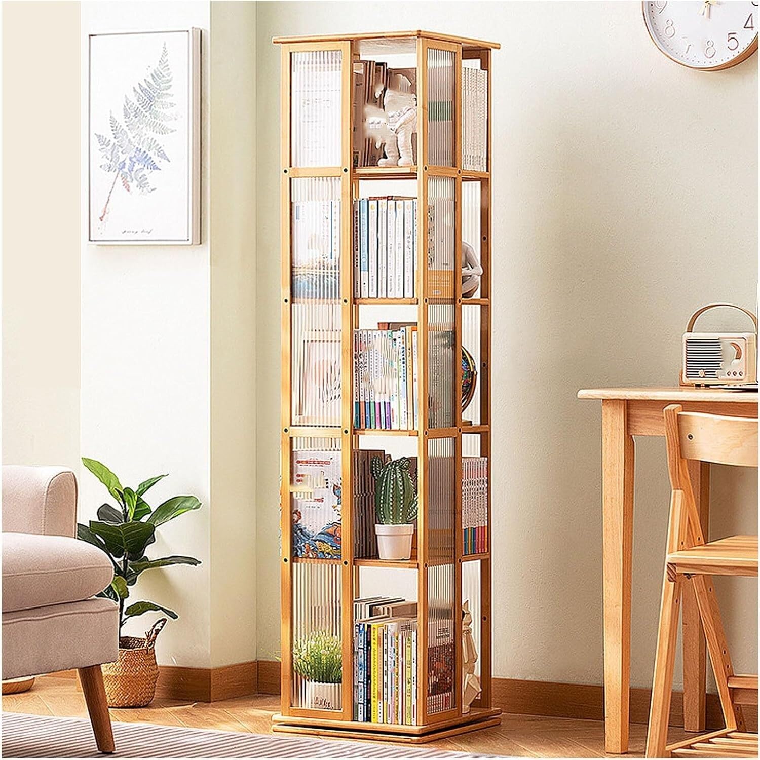 Lshtshf-Ou Natural Wood Revolving Bookcase 360° Rotating Bookshelf Display Narrow Swivel Corner Book Shelf Standing(,5 Th Floor-Tier)