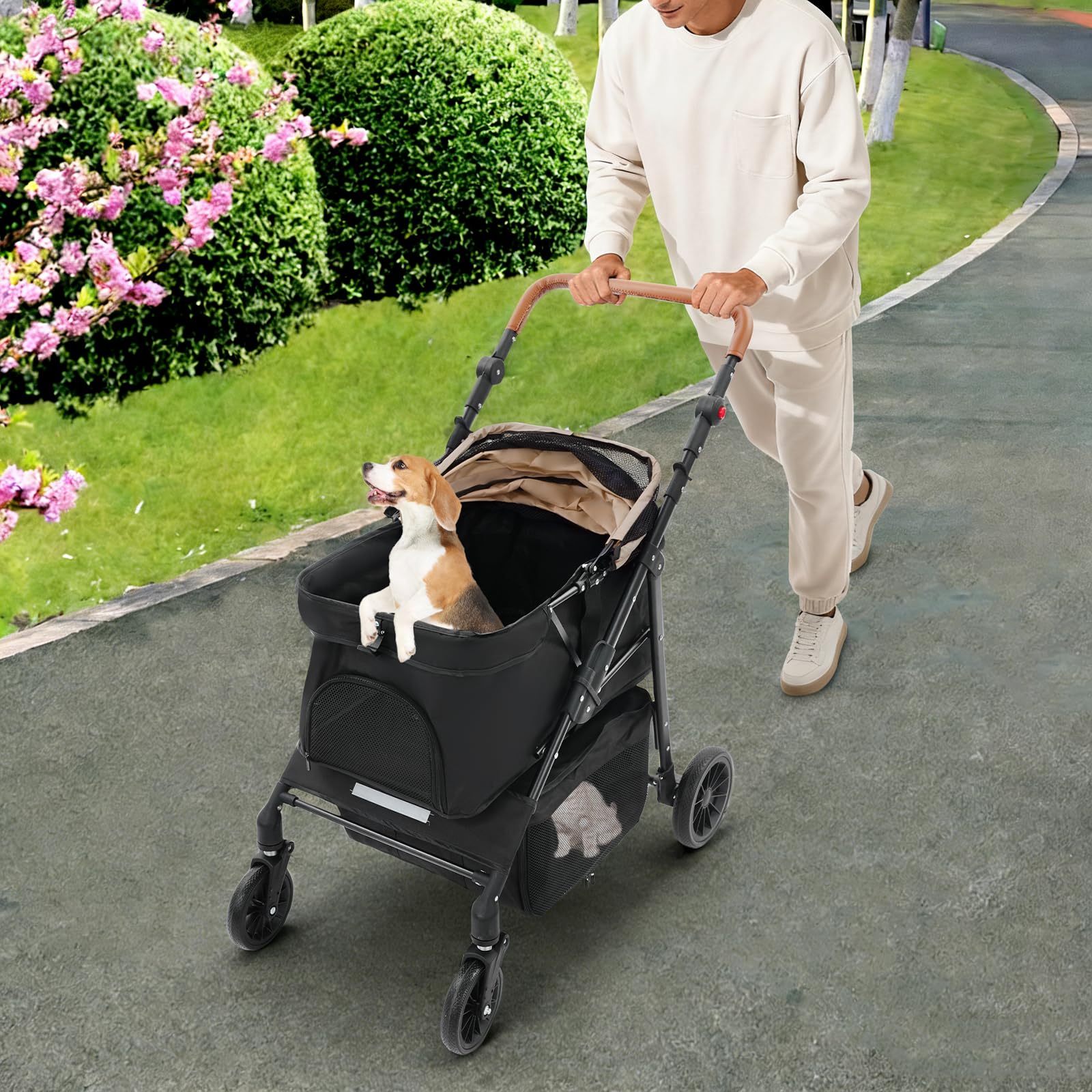 Carrello per cani 2 in 1, pieghevole con due scomparti separati, passeggino per animali domestici fino a 15 kg, con maniglia regolabile, per cani e gatti di piccola taglia (nero + cachi)