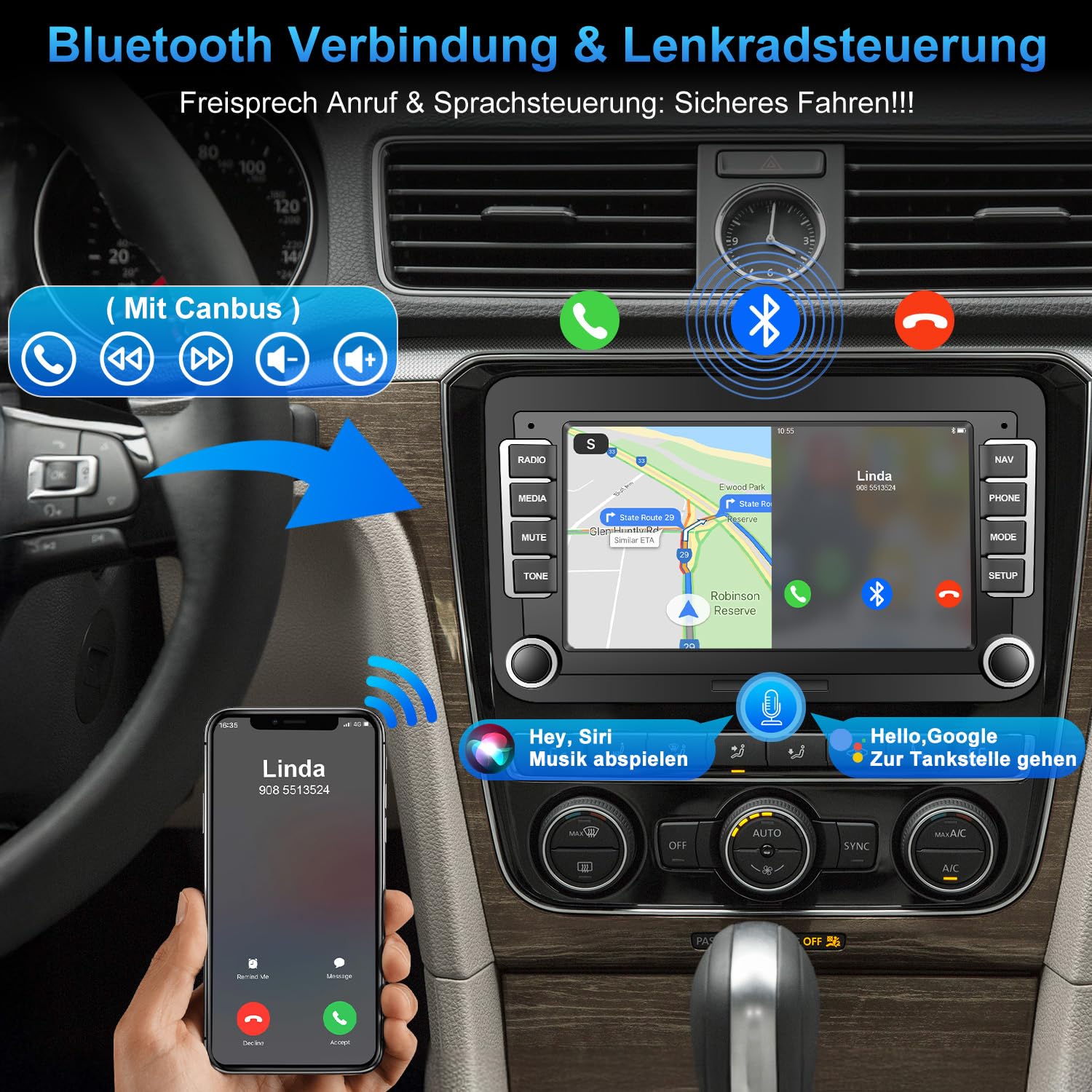 Autoradio mit Bildschirm Bluetooth für VW Polo Golf 5 6 T5 Passat Caddy Seat Skoda, 2Din Auto Radio 7 Zoll Touch Display Android 14,mit DAB Navi WLAN Carplay Android Auto Lenkrad Strg