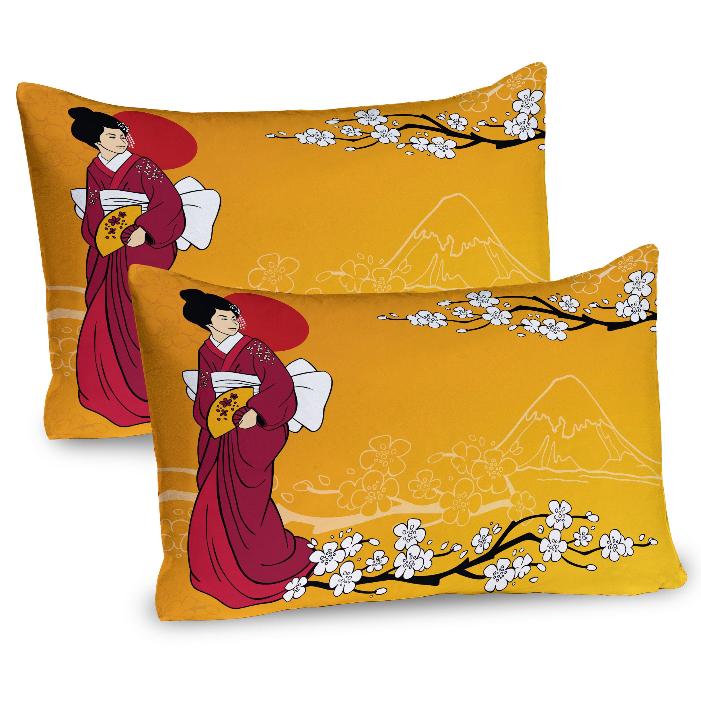 Ambesonne Cherry Blossom Pillow Sham Set of 2, Geisha Woman and Sakura Trees in The Foothills of Hill, Quality Microfiber Bedding Item for All Seasons, 26