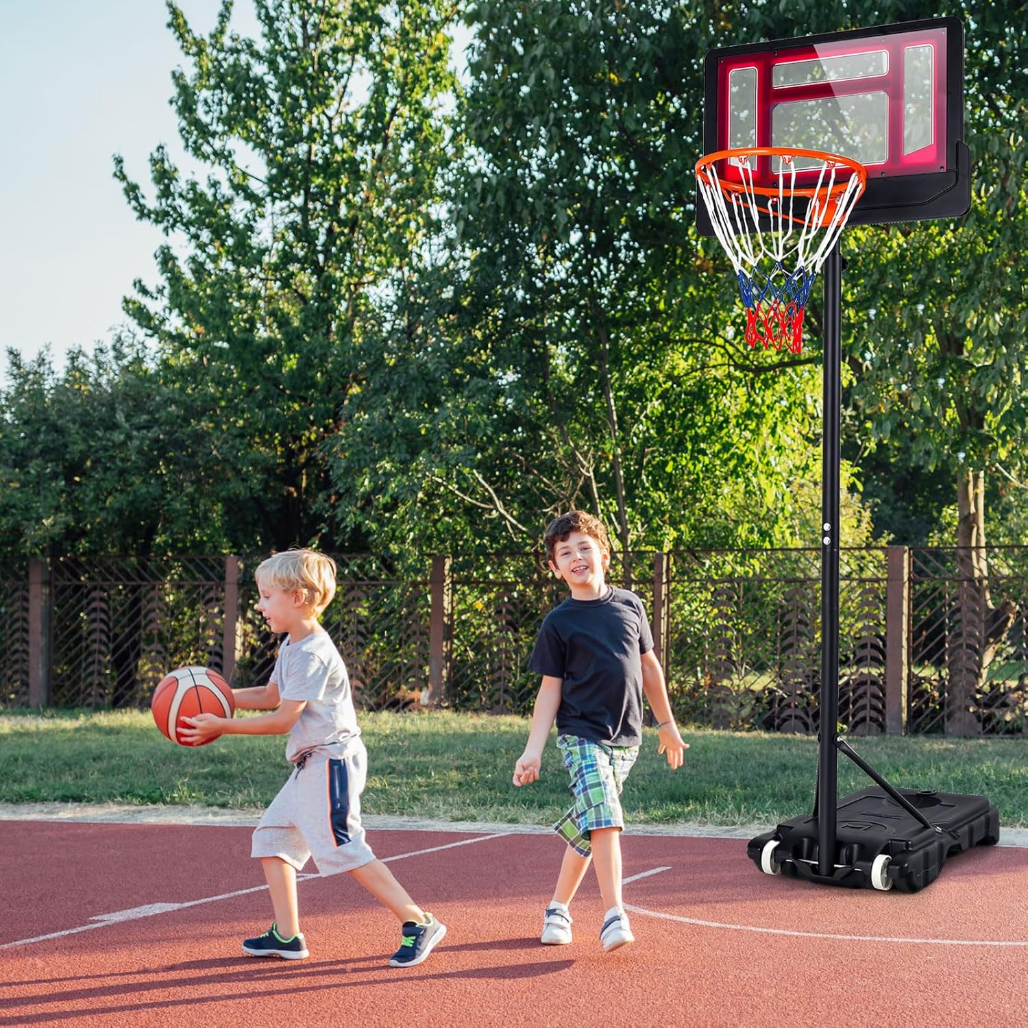 Giantex Basketball Hoop Outdoor Indoor, 4.3 FT-8.2 FT Height Adjustable Basketball Goal Court System w/Fillable Base, Backboard & 2 Wheels, Portable Basketball Hoop for Kids Backyard Driveway