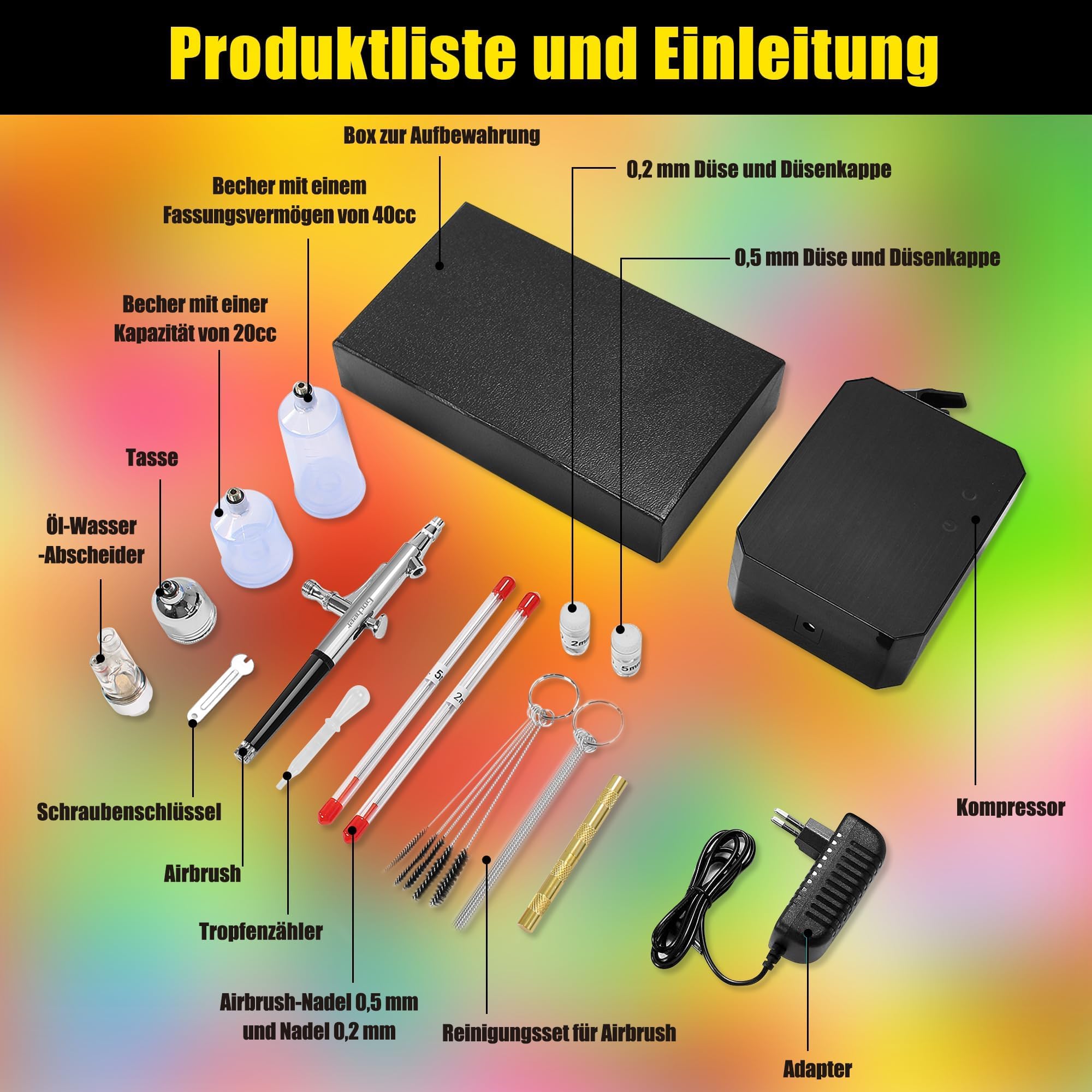 40 PSI Aerograph, Multi-Function Dual-Action Airbrush Set Compressor avec 0.2/0.3/0.5 mm Buses pour Nail Art, L'artisanat, la Décoration de Gâteaux, la Conception D'ongles,Noir