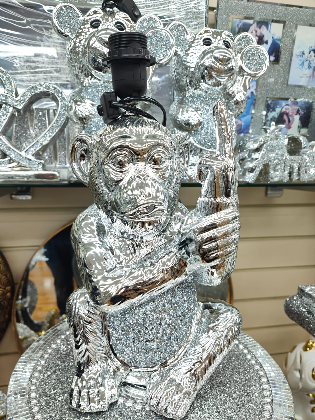 Biznest Silver Monkey Table Lamp Crushed Jewel Romany Diamante Shelf Sitter Ornament Home Decor