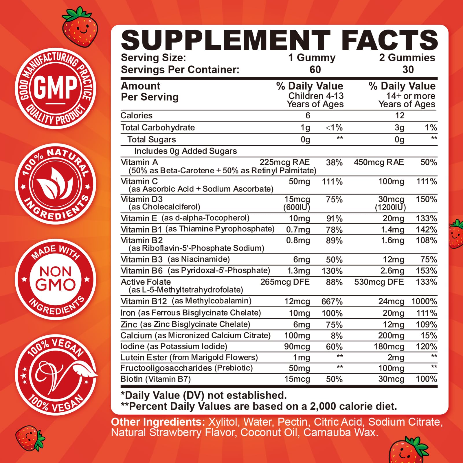 Iron Gummies for Kids & Teens, Kids Multivitamin with Iron Supplement, Calcium, Folate, Zinc, Prebiotic - for Blood Builder & Energy Support, Iron Deficiency - Vegan & Non-GMO - 60 Count Strawberry — Amazon image 2