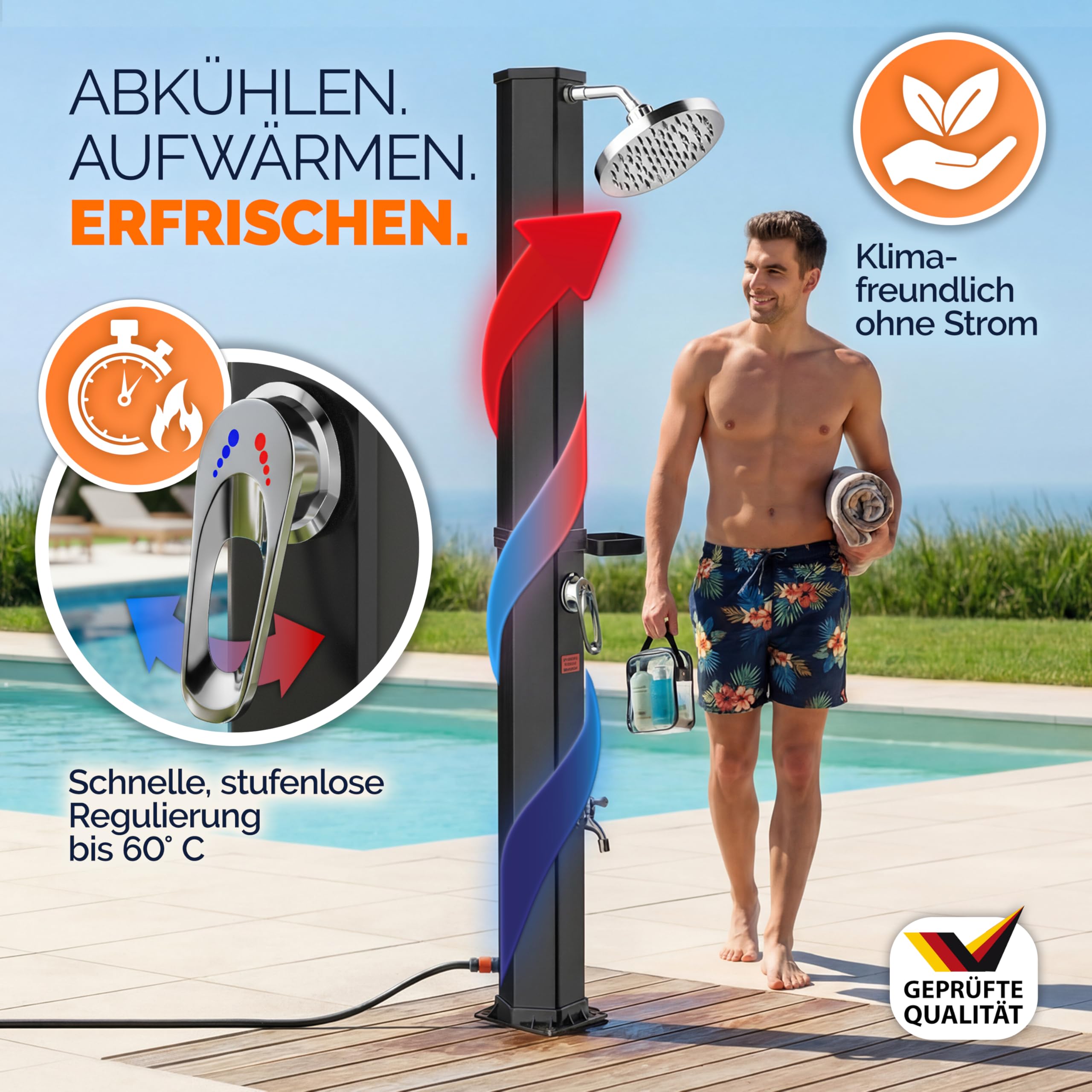 Casaria® Solardusche 35 Liter UV-beständig Ablage 105GSM Schutzhaube Regendusche Pooldusche Campingdusche 60°C Warmes Wasser Dusche Außendusche