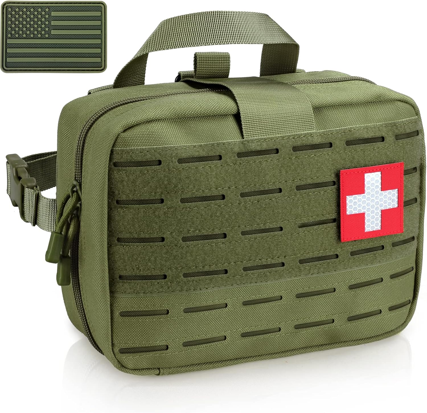 Tactical Molle Medical Pouch of Upgraded Size, First Aid Pouch Large Capacity IFAK Pouch Molle EMT Pouch Detachable Quick Release Pouch with Headrest Mount Include Flag and Cross Patch