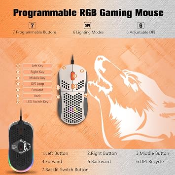 383 PRO M8 Ultralight Wired Gaming Mouse, Lightweight Honeycomb Shell, 6 RGB Breathing Backlit Mice, 6 Adjustable DPI 6400, USB Optical Model Aerox Mice for Win10/XP/Xbox/PS4/PS5/Mac/HP/Acer