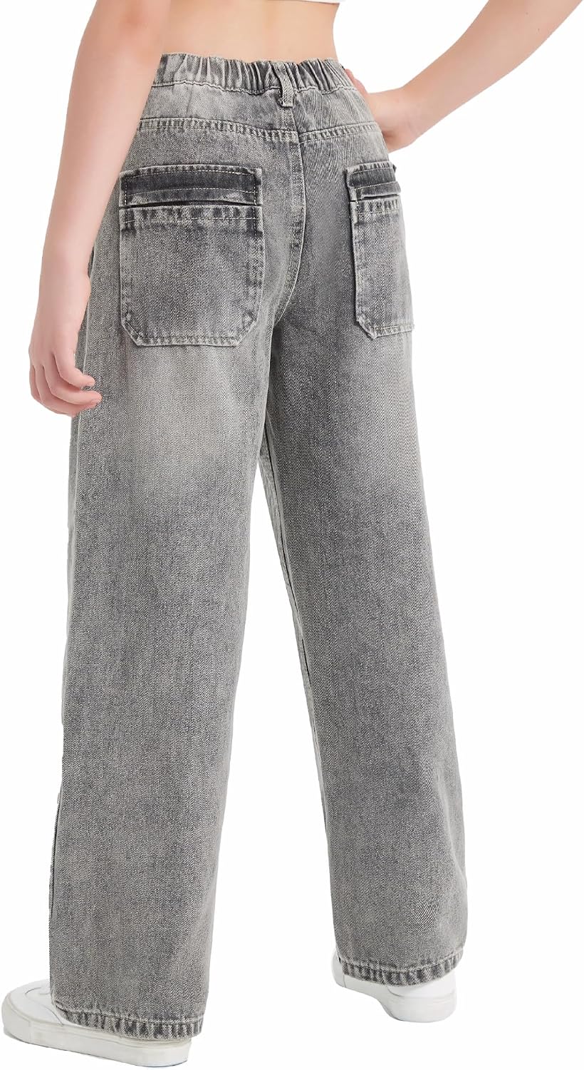 EXARUS Girls Jeans Baggy Wide Leg Cute Teen Tween Long Denim Pants Clothes Tall Junior Elastic Band Pockets