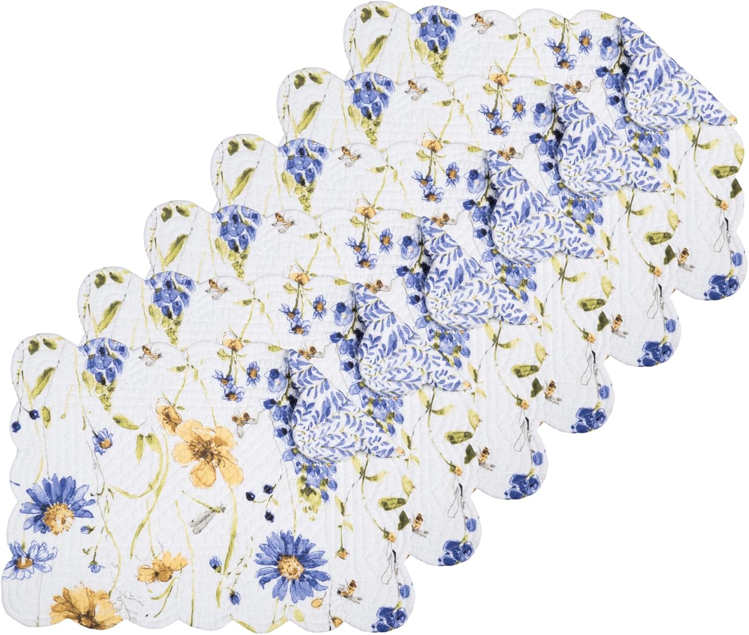 C&F Home Lovely Blues 100% Cotton Quilted Set of 6 Placemats 13" x 19" Spring Springtime Garden Floral Flowers Home Kitchen Dining Dinner Table Tabletop Machine Wash Reversible Scalloped Edge Decor