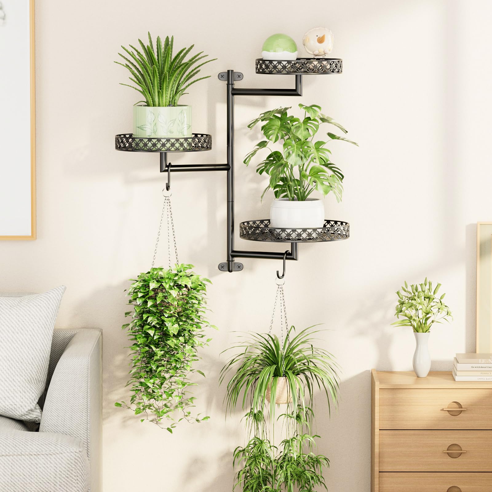 Estantes giratorios para plantas de ventana, soporte de pared para plantas de interior, soporte de 3 niveles de metal floral para múltiples plantas con ganchos para colgar, decoración del 5