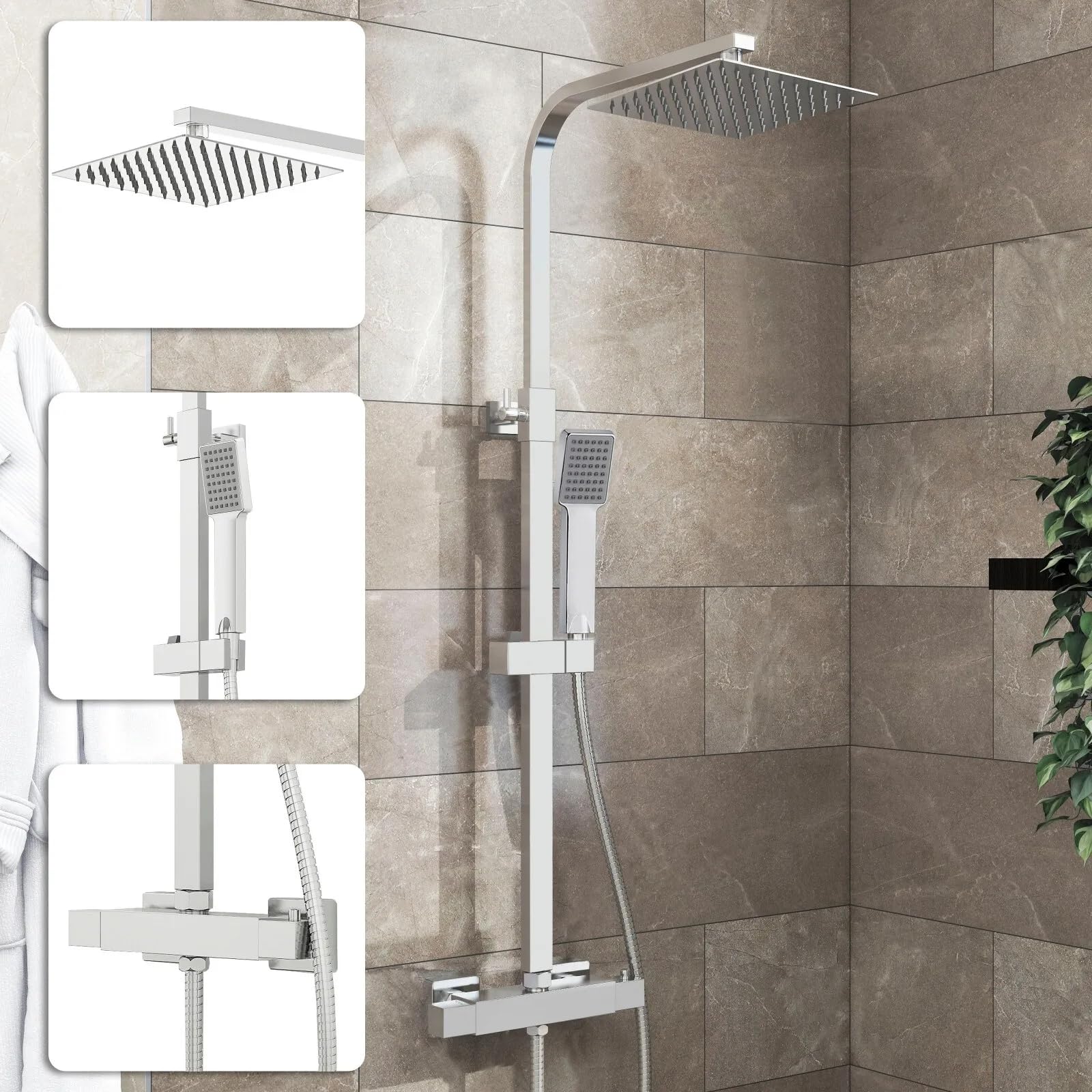 Acezanble Chrome Thermostatic Shower Mixer Set Square 38°C Thermostat Shower System With Rainfall Shower Head, Handheld Shower, Anti Scald Shower Mixer Bar Kit, Adjustable Height