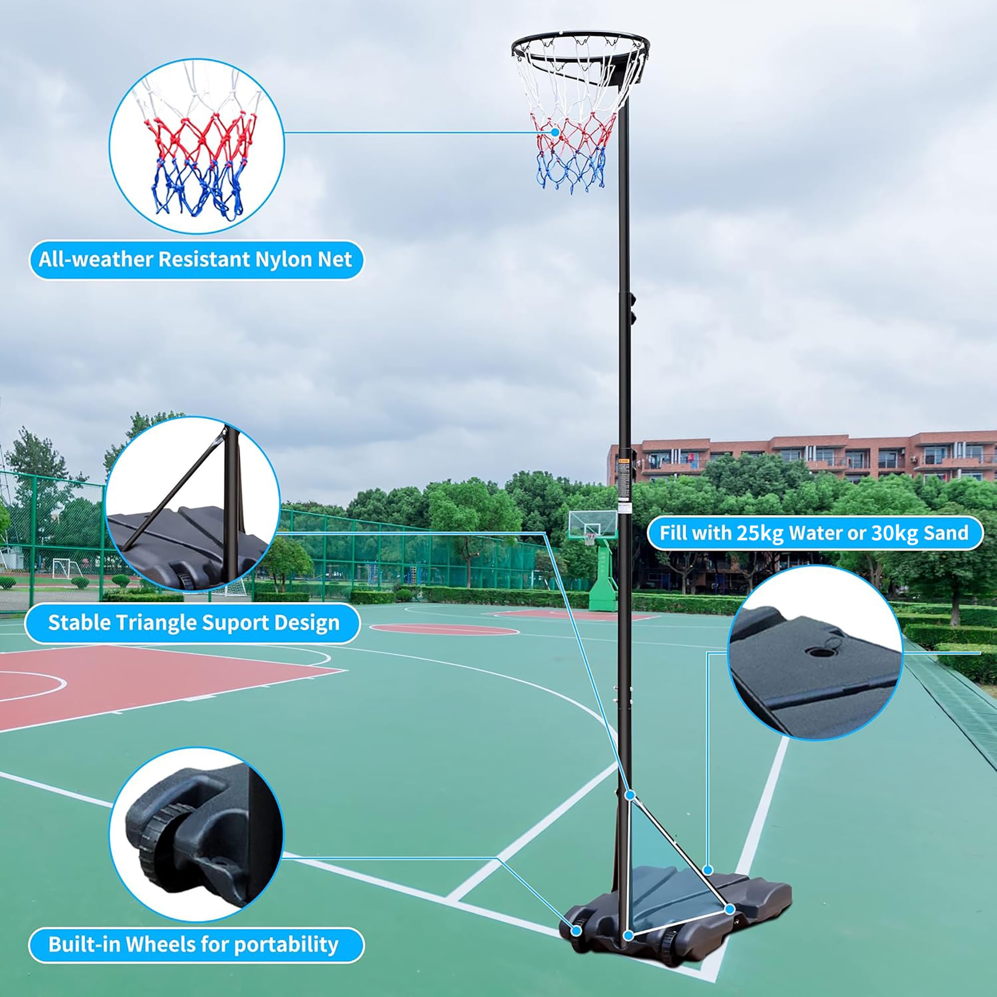 Canasta de Baloncesto Portátil de Hierro, Ajustable, Negro, 55x74x304.8 cm
