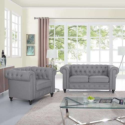 Miniatura 4 de Naomi Home Emery Chesterfield - Sofá biplaza y silla decorativa con brazos enrollados, cojines copetudos, patas de madera maciza, asiento profundo,