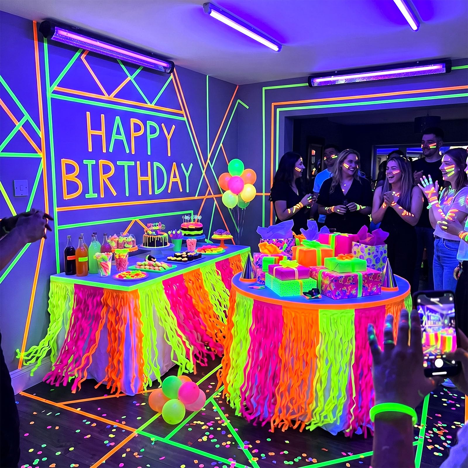 LovesTown 2 Pack Neon-Themed Table Skirts with 2 Fluorescent Tapes