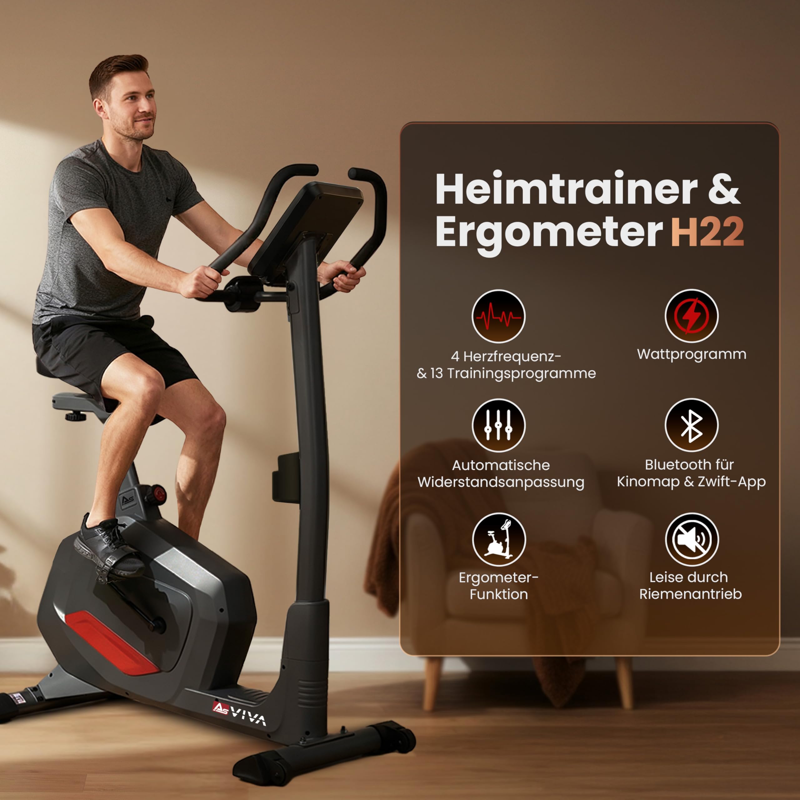 AsVIVA H22 Heimtrainer Ergometer - leiser Fahrrad Heimtrainer mit Riemenantrieb und automatischer Widerstandsanpassung - Fitness Apps kompatibel