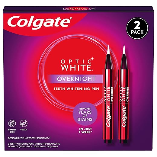 Colgate Optic White Overnight Teeth Whitening Pen, Enamel Safe and Vegan, Teeth Stain Remover to Whiten Teeth, Teeth Whitening for Sensitive Teeth, 35 Nightly Treatments Per Pen, 0.08 Oz,2 Pack