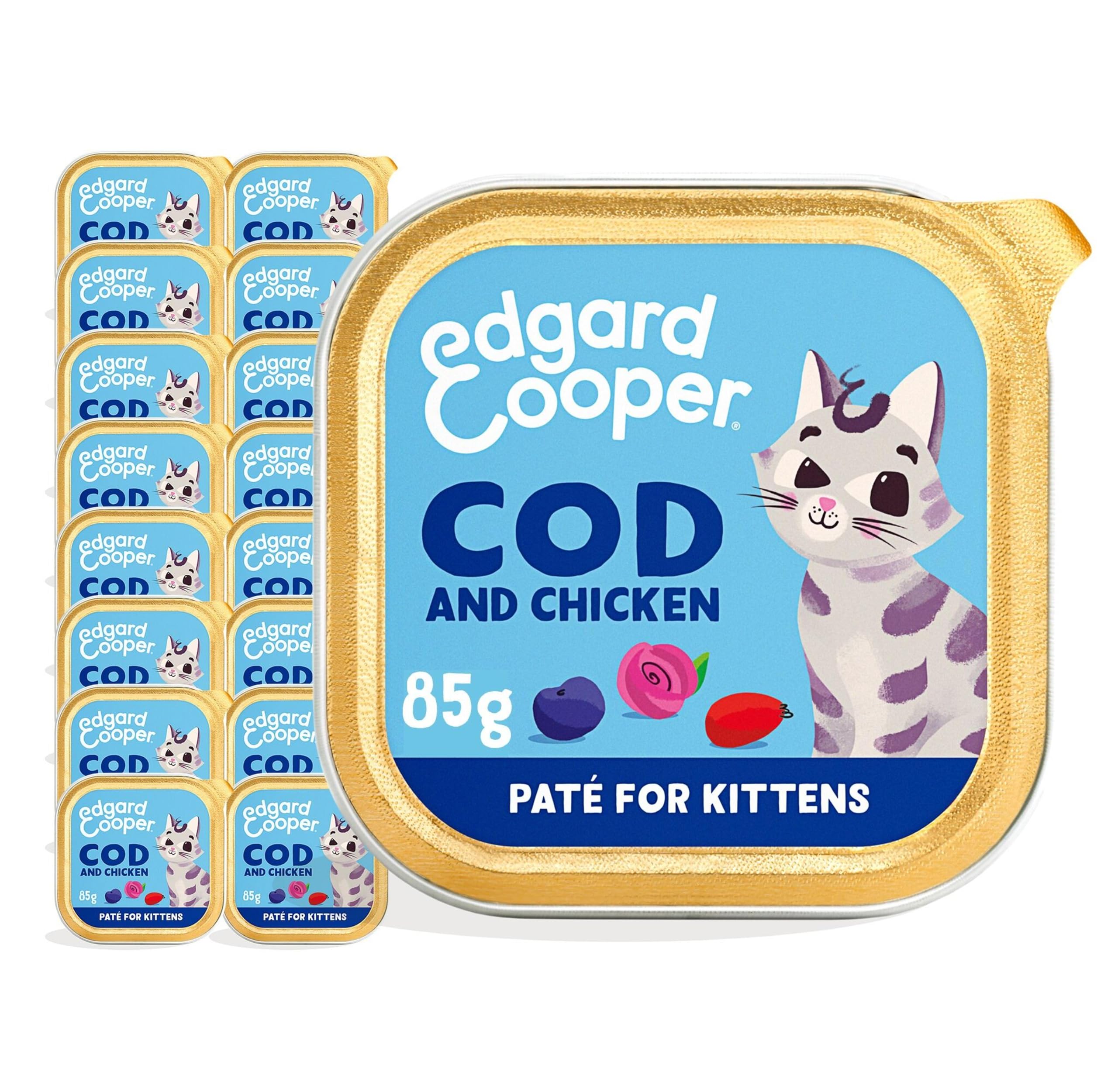 Edgard Cooper Kitten Grain Free Wet Cat Food Pate (Cod&Chicken 16 x 85g), Natural Cat Food in Cup for Sterilized or Active Cats, No Added Sugar