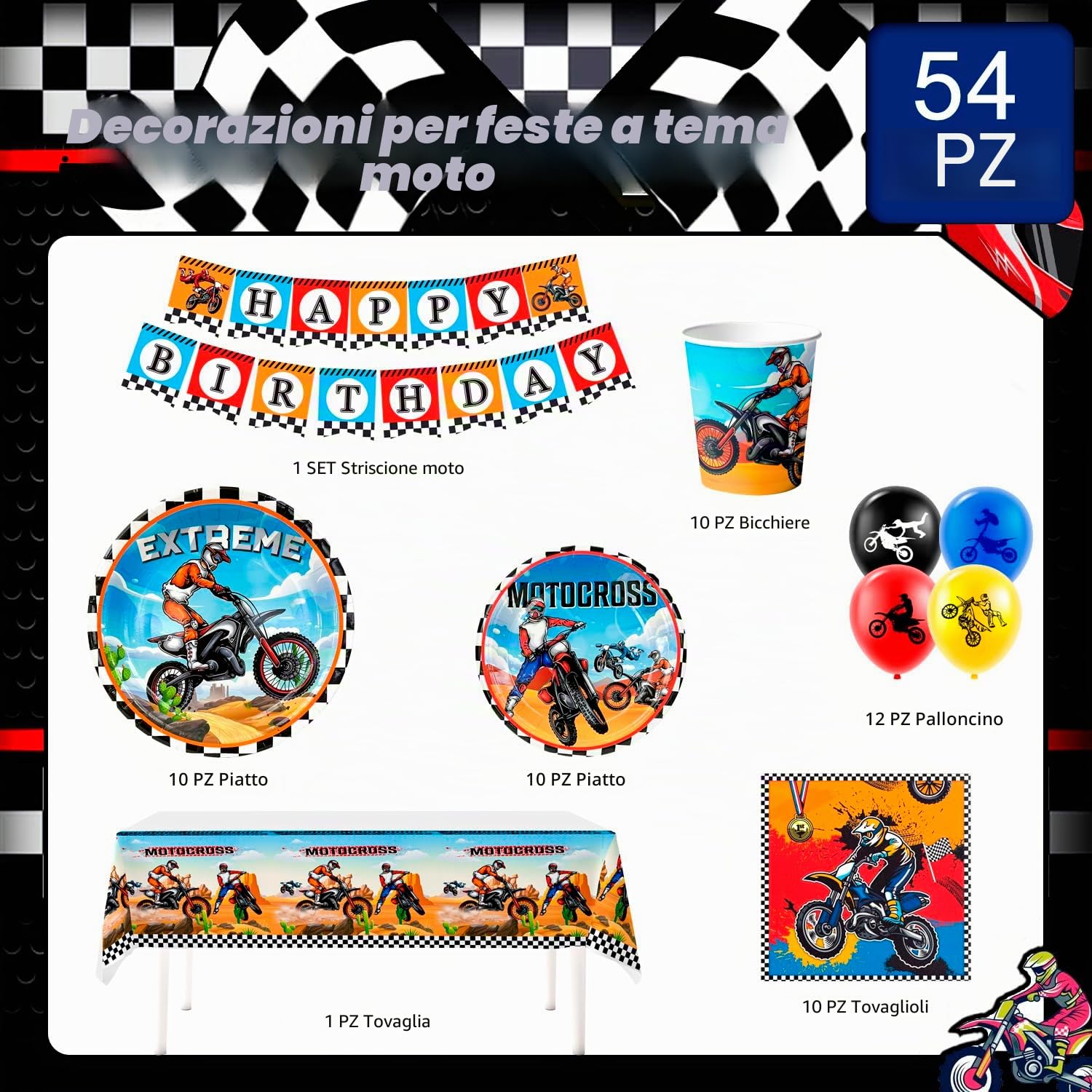 Decorazioni Moto Compleanno,10 Ospiti Kit di Decorazioni Tema Motociclo Includ Piatti e Bicchieri Motocross Tovaglioli Tovaglia Striscione etc Accessori di Compleanno Per Moto