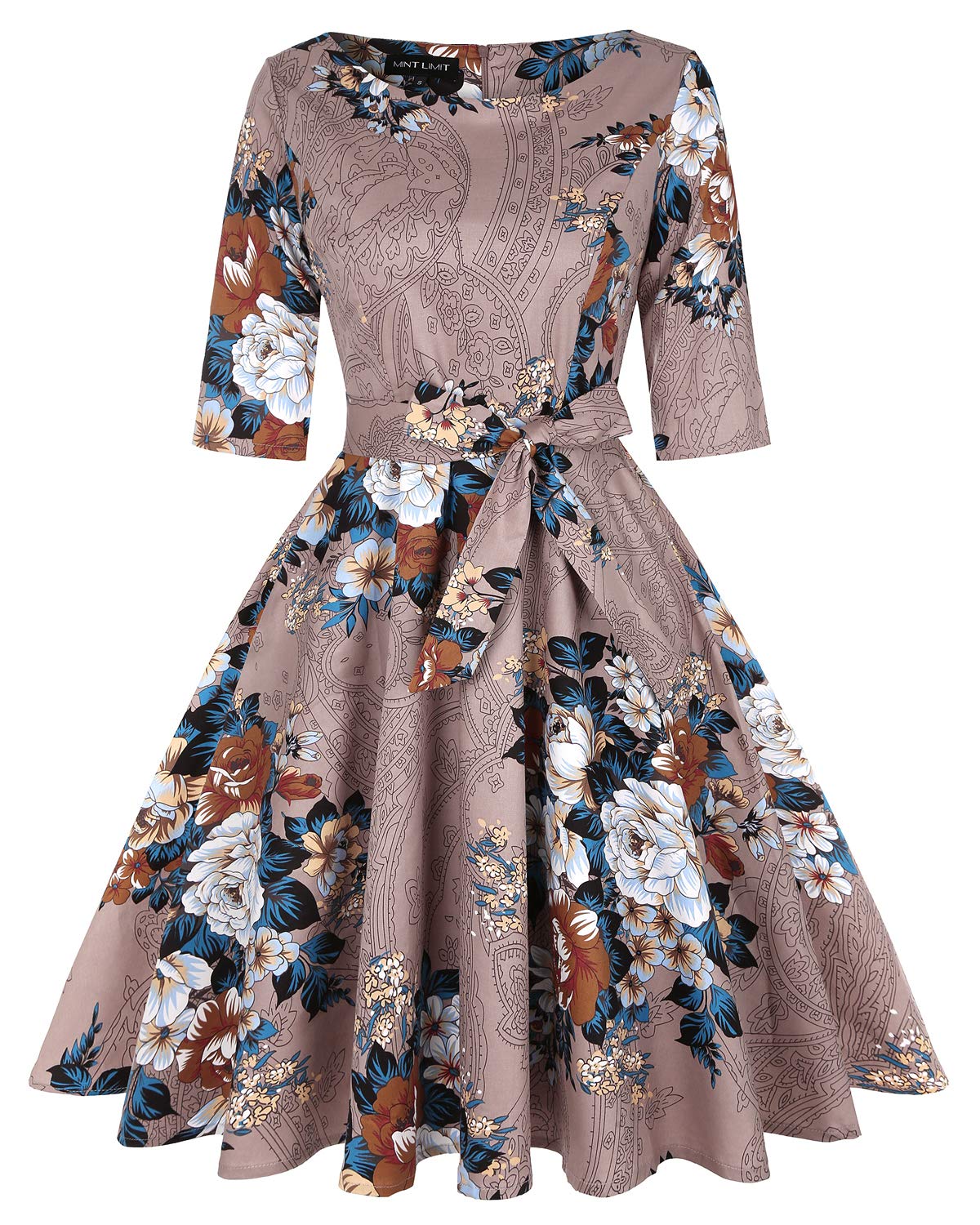 Mintlimit Women's Floral-Khaki-Half Sleeve Floral Evening Flare Vintage Midi Dress Half Sleeve With Pockets(Floral Light Brown,Size M)