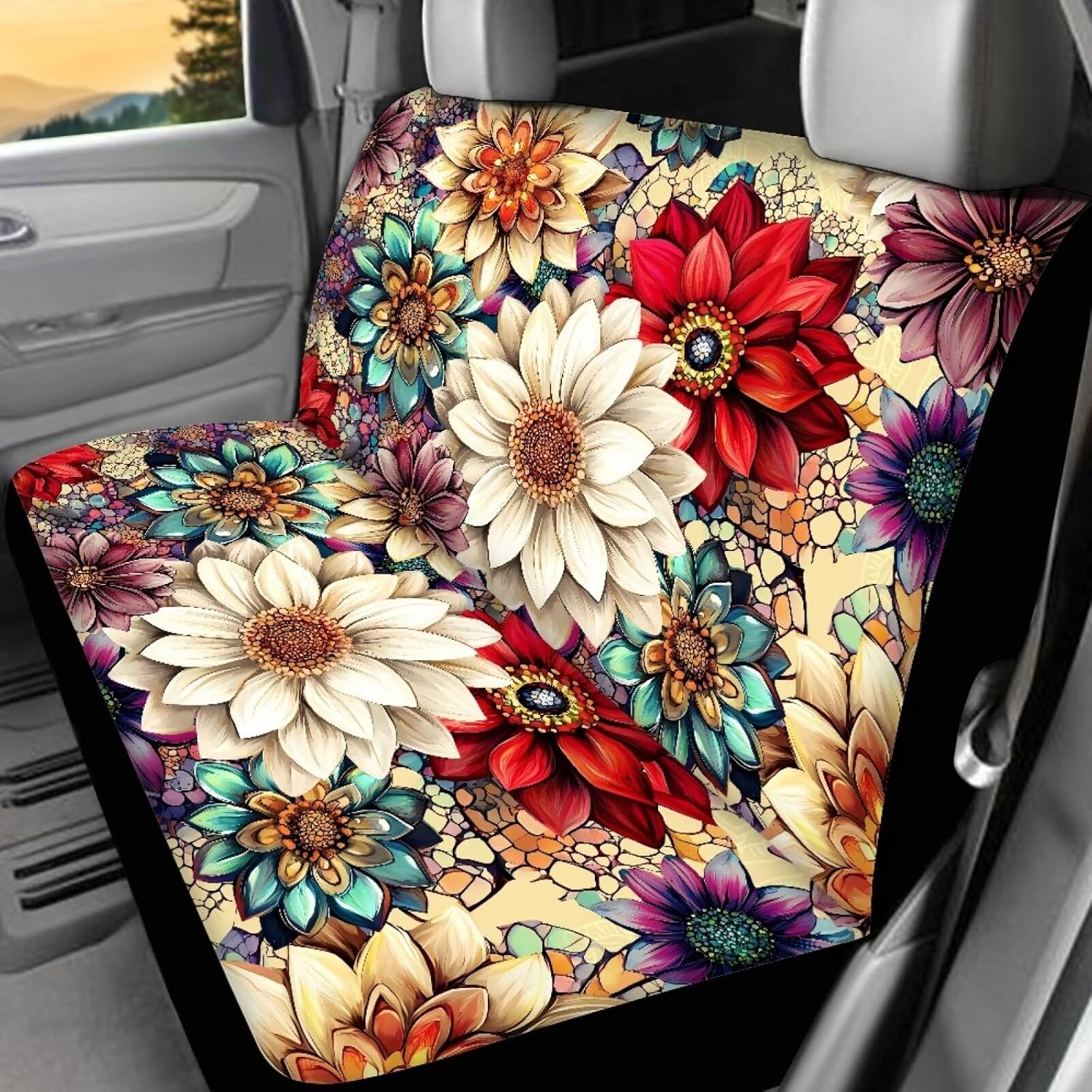 BIGCARJOB Blossom Lotus Car Seat Covers Full Set for Women Auto Interior Seat Accessories Set 4 Pcs Blossom Hippie Flower Print Auto Seat Protective Cover Split Bench Cover,Universal Fit