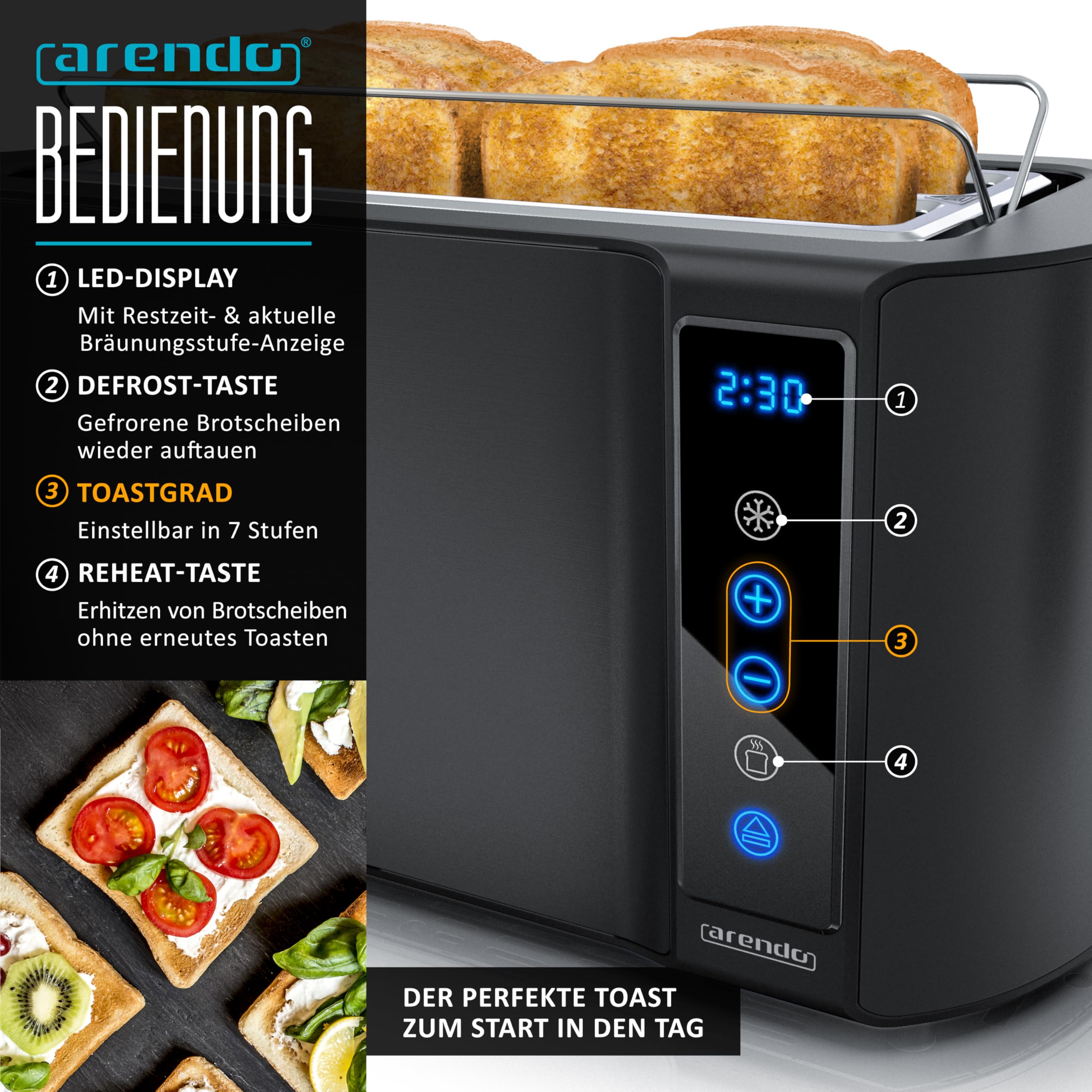 Arendo Wasserkocher Toaster SET Edelstahl 45-100 Grad Warmhaltefunktion 4 Scheiben Touch Display Brötchaufsatz Schwarz Matt