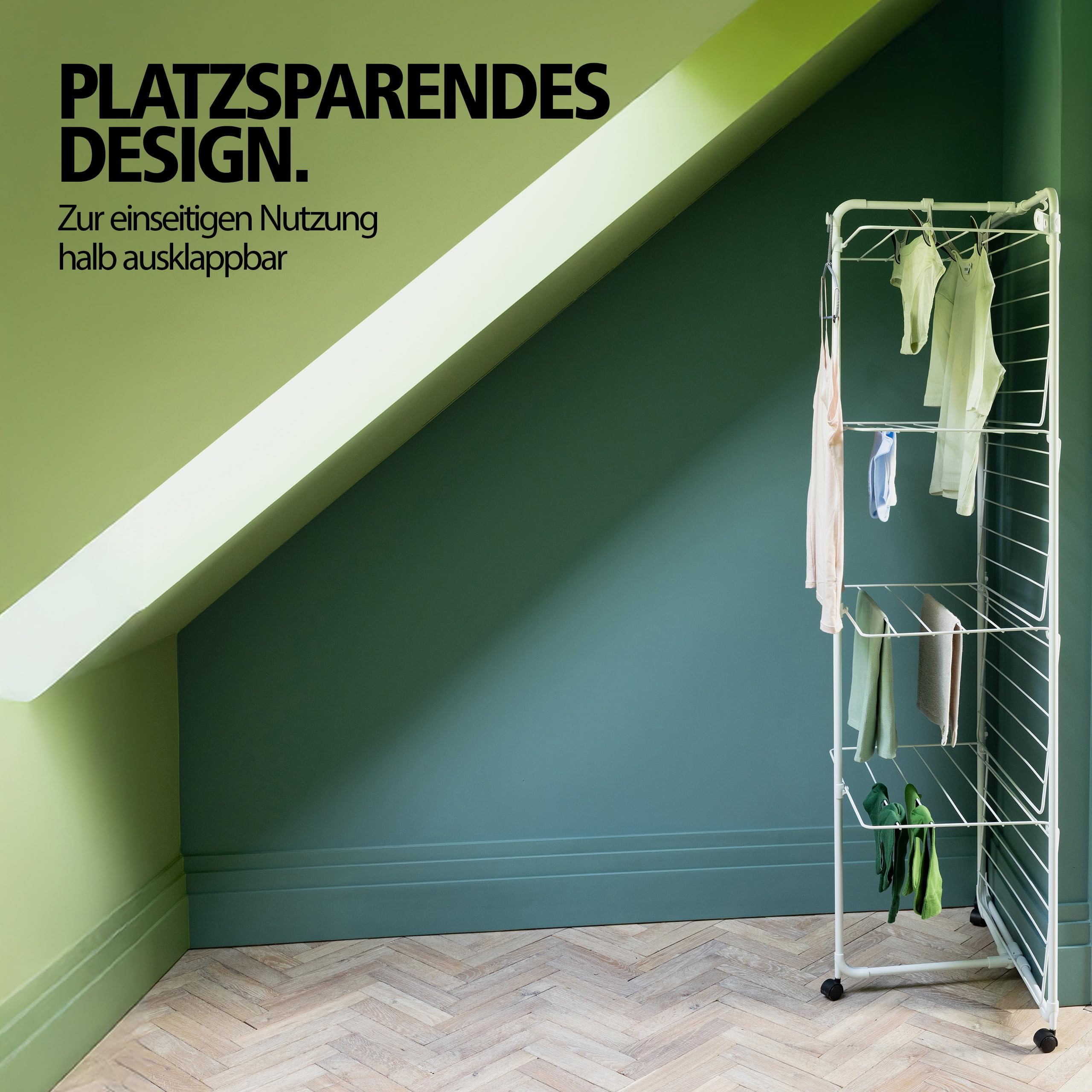 Brabantia HangOn Tower Drying Rack, 23 m (weiß), Turmwäscheständer klappbar, platzsparender Standtrockner mit Rollen und Aufhängehaken