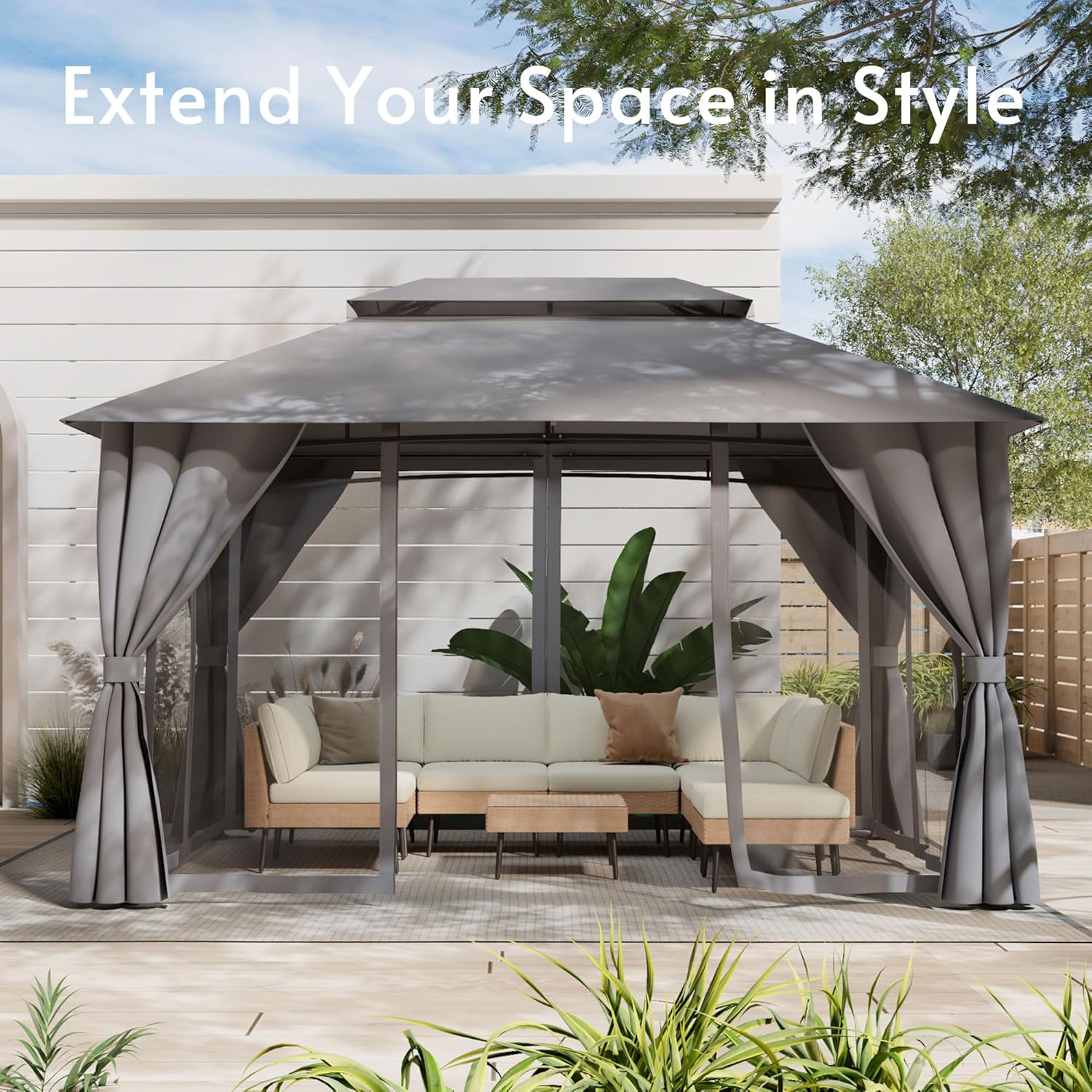Gazebo 10x13(Canopy Size) with Mosquito Netting & Privacy Screens. Double Roof Design Outdoor Gazebo with Powder-Coated Metal Frame for Patio, Deck, Backyard, Garden & Lawns