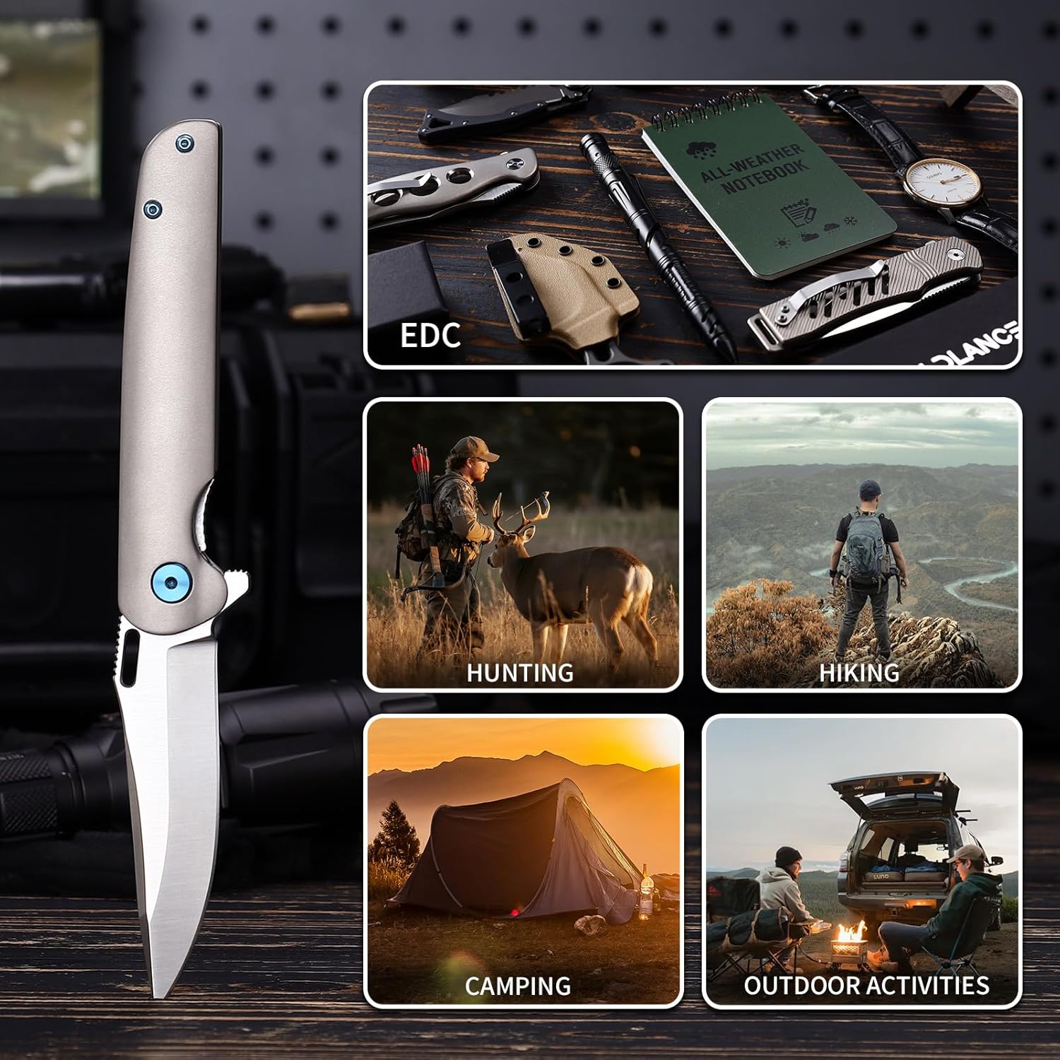 3.2" D2 Steel Blade Titanium Handle Small Pocket Knife for Men Folding Knife with Clip, EDC Folding Knife with Liner Lock, Sharp Camping Survival Hiking Knives PK-02