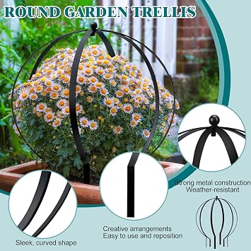 4 PCS Large Metal Round Trellis for Climbing Plants, Heavy Duty Thick Rustproof Obelisk, Garden Sphere Frame for Potted Roses Vines, Outdoor Garden Decor, Easy Assembly (25.2 x 21.3)