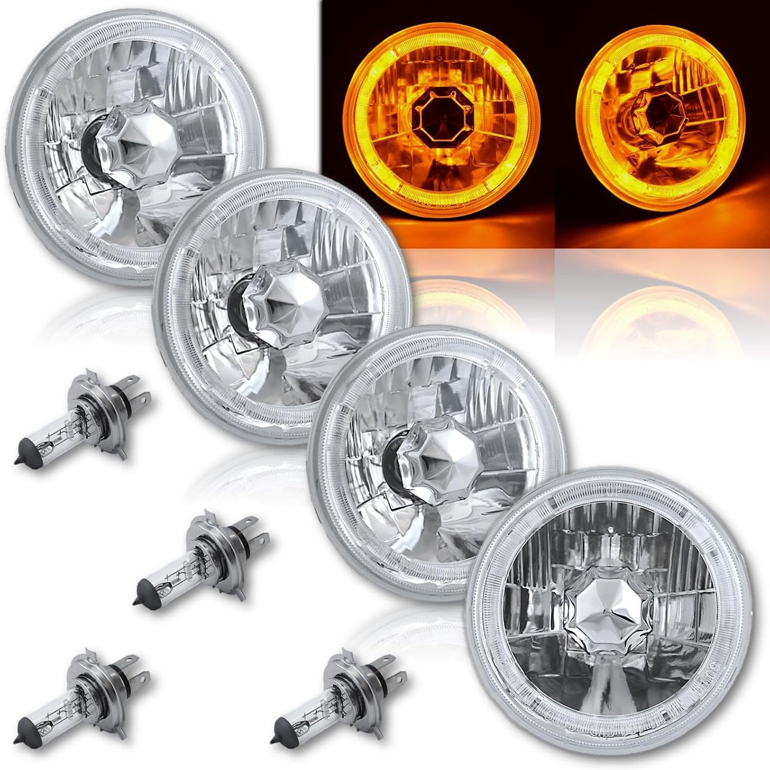 Octane Lighting 5-3/4" Amber Led Halo Halogen Light Bulb Headlight Angel Eye Crystal Clear Set