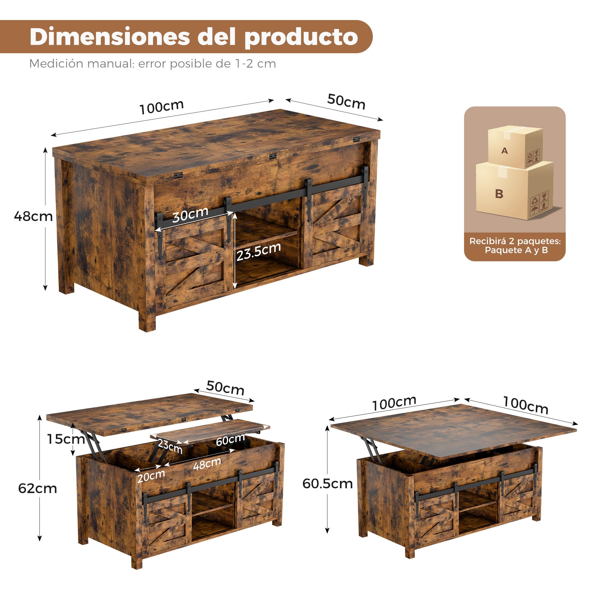 ELUCHANG Mesa de Centro Elevable y Extensible 4 en 1 para Salón, Comedor y Oficina, Mesa de Cafe con Amplio Espacio de Almacenamiento, Madera en Marrón Rústico